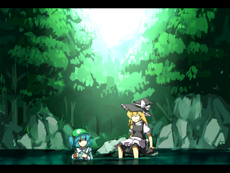 kitsune (kazenouta), kitsune (pixiv), kawashiro nitori, kirisame marisa, touhou, bad id, bad pixiv id, 2girls, blonde hair, blue hair, closed eyes, female focus, forest, grin, hat, letterboxed, multiple girls, nature, on rock, rock, sitting, smile, soaking feet, two side up, wading, water