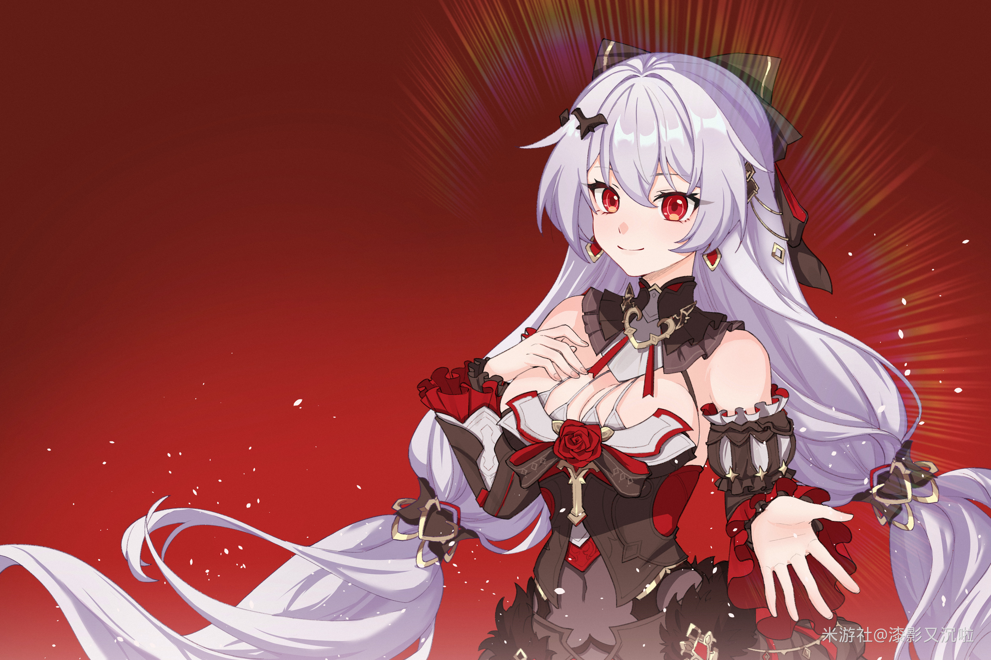 theresa apocalypse, theresa apocalypse (luna kindred), theresa apocalypse (lunar vow: crimson love), honkai (series), honkai impact 3rd, absurdres, chinese commentary, commentary request, highres, 1girl, bare shoulders, black dress, breasts, dress, earrings, jewelry, large breasts, long hair, looking at viewer, miyoushe watermark, qi ying you chen la, red background, red eyes, simple background, smile, solo, very long hair, watermark, white hair