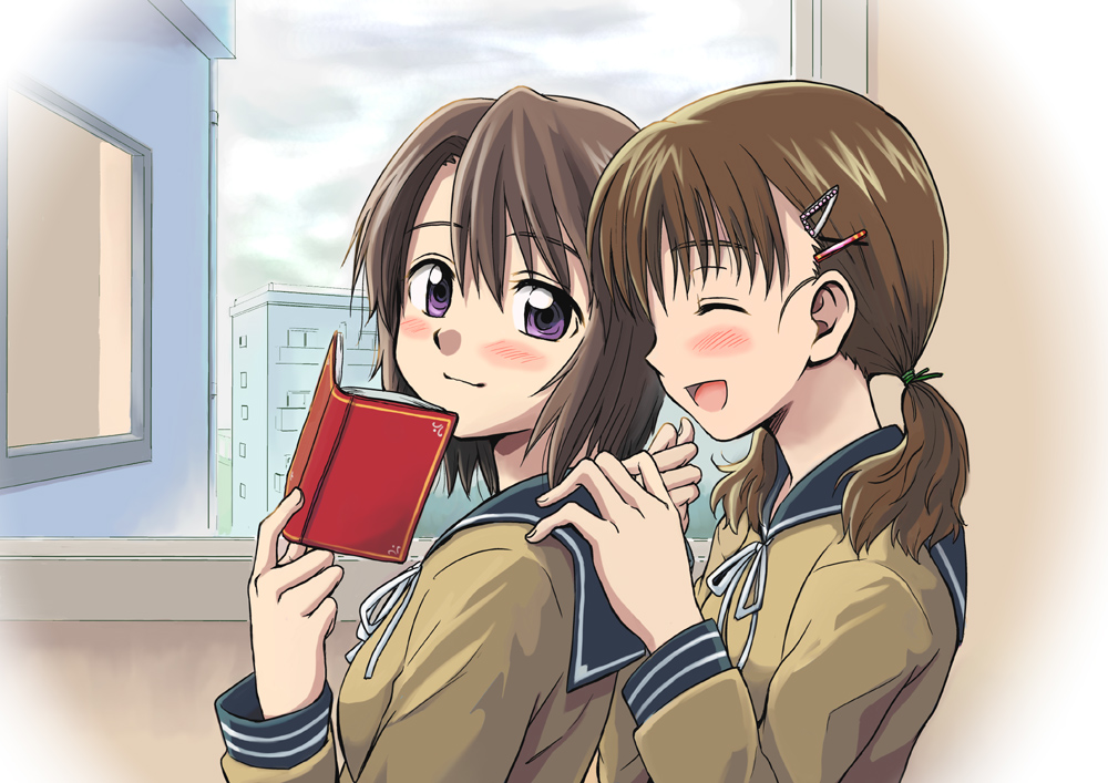 niina ryou, original, bad id, bad pixiv id, 2girls, blush, book, brown hair, closed eyes, from side, hair ornament, hairclip, indoors, multiple girls, open mouth, purple eyes, school uniform, short hair, smile, twintails, upper body