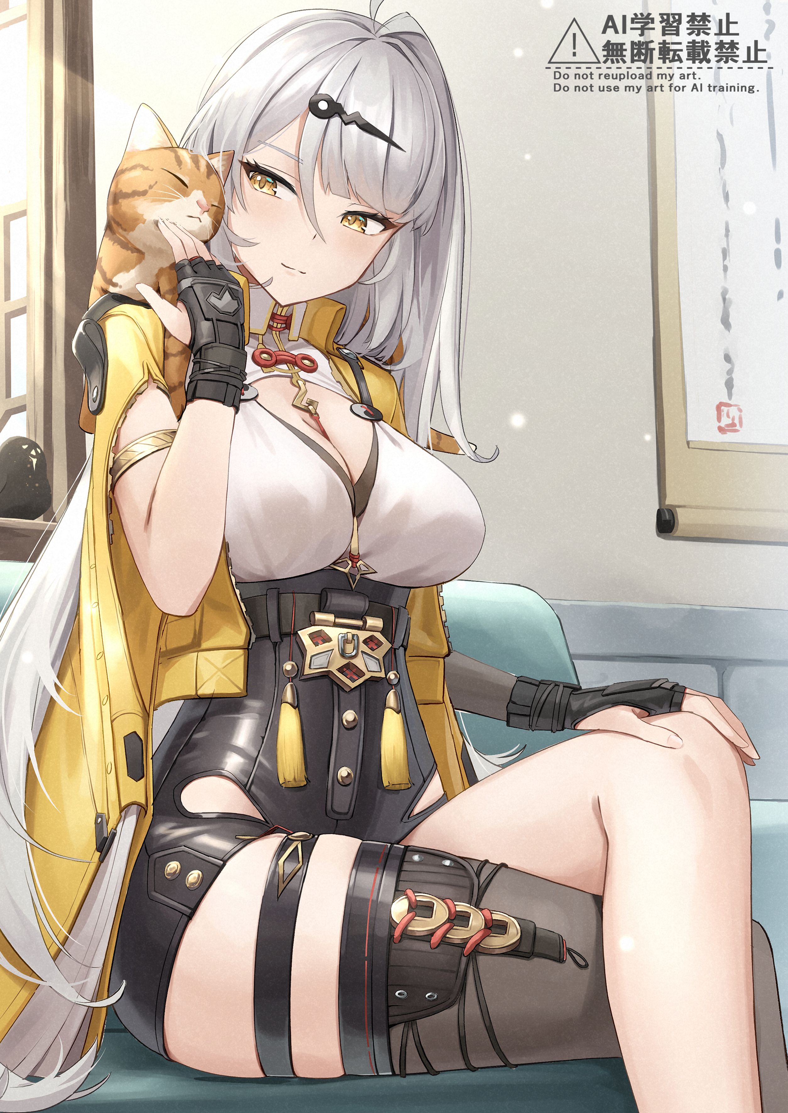 cyclone tarou, yixuan (zenless zone zero), zenless zone zero, absurdres, commentary request, highres, partial commentary, revision, 1girl, animal, animal on shoulder, black gloves, black shorts, black thighhighs, breasts, cat, cat on shoulder, cleavage, closed mouth, couch, crossed legs, fingerless gloves, gloves, grey hair, hair ornament, hairclip, high-waist shorts, indoors, jacket, large breasts, long hair, looking at animal, on couch, orange cat, shorts, single thighhigh, sitting, solo, thighhighs, thighs, yellow eyes, yellow jacket