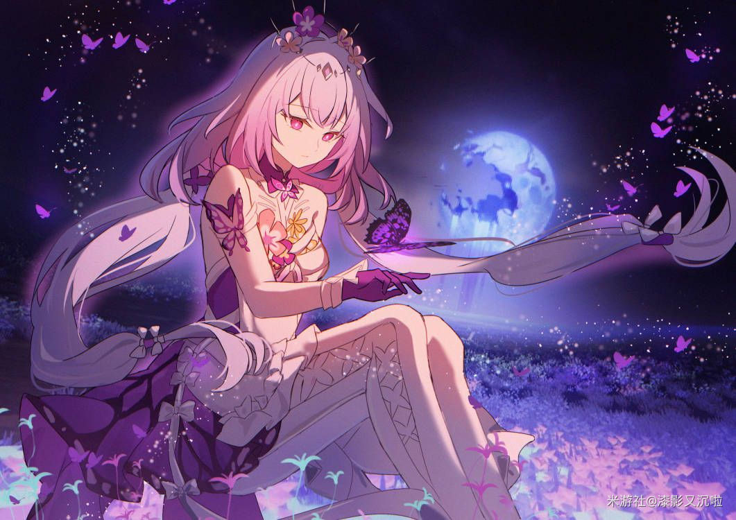castorice (honkai: star rail), honkai: star rail, honkai (series), chinese commentary, commentary request, 1girl, bare shoulders, breasts, bug, butterfly, crescent moon, dress, field, flower, flower field, gloves, hair flower, hair ornament, insect, long hair, medium breasts, miyoushe watermark, moon, night, night sky, outdoors, pantyhose, purple eyes, purple gloves, purple hair, qi ying you chen la, sky, solo, very long hair, watermark, white dress, white pantyhose
