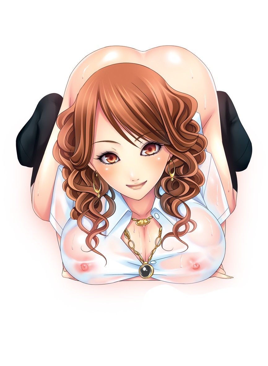 momoi komomo, original, bad id, bad pixiv id, 1girl, black socks, blush, bottomless, breasts, brown eyes, brown hair, candy pool, cleavage, curly hair, earrings, eyeshadow, female focus, gyaru, jewelry, kogal, large breasts, light smile, long hair, looking at viewer, makeup, matching hair/eyes, necklace, nipples, no bra, no shoes, pendant, see-through clothes, shirt, short sleeves, simple background, socks, solo, sweat, top-down bottom-up, wavy hair, wet, wet clothes, wet shirt, white background