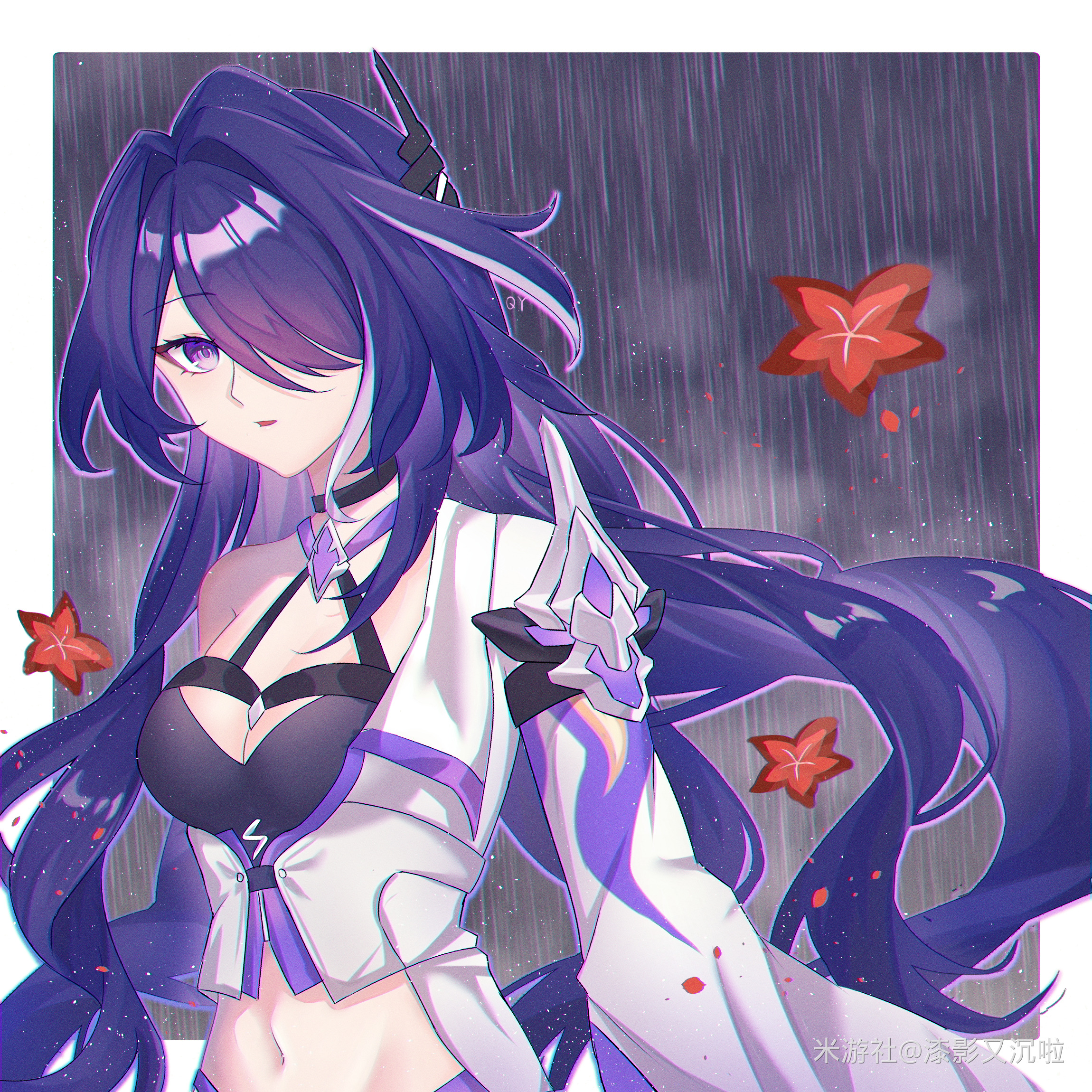 acheron (honkai: star rail), honkai: star rail, honkai (series), chinese commentary, commentary request, highres, 1girl, border, breasts, cleavage, crop top, flower, hair over one eye, jacket, large breasts, long hair, midriff, miyoushe watermark, navel, purple eyes, purple hair, qi ying you chen la, rain, red flower, solo, very long hair, watermark, white border, white jacket