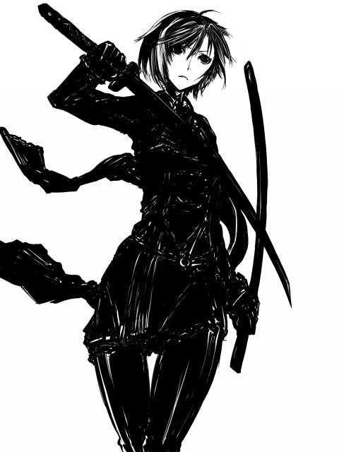 tugmix, fuyumine naoto, dogs: bullets & carnage, bad id, bad pixiv id, gloves, greyscale, monochrome, pantyhose, scarf, sheath, short hair, solo, sword, weapon
