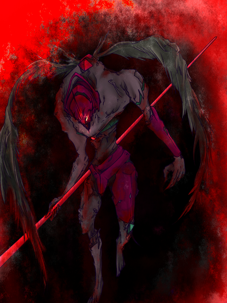 tugmix, eva 01, neon genesis evangelion, bad id, bad pixiv id, glowing, glowing eye, lance of longinus (evangelion), no humans, red theme, solo, weapon, wings