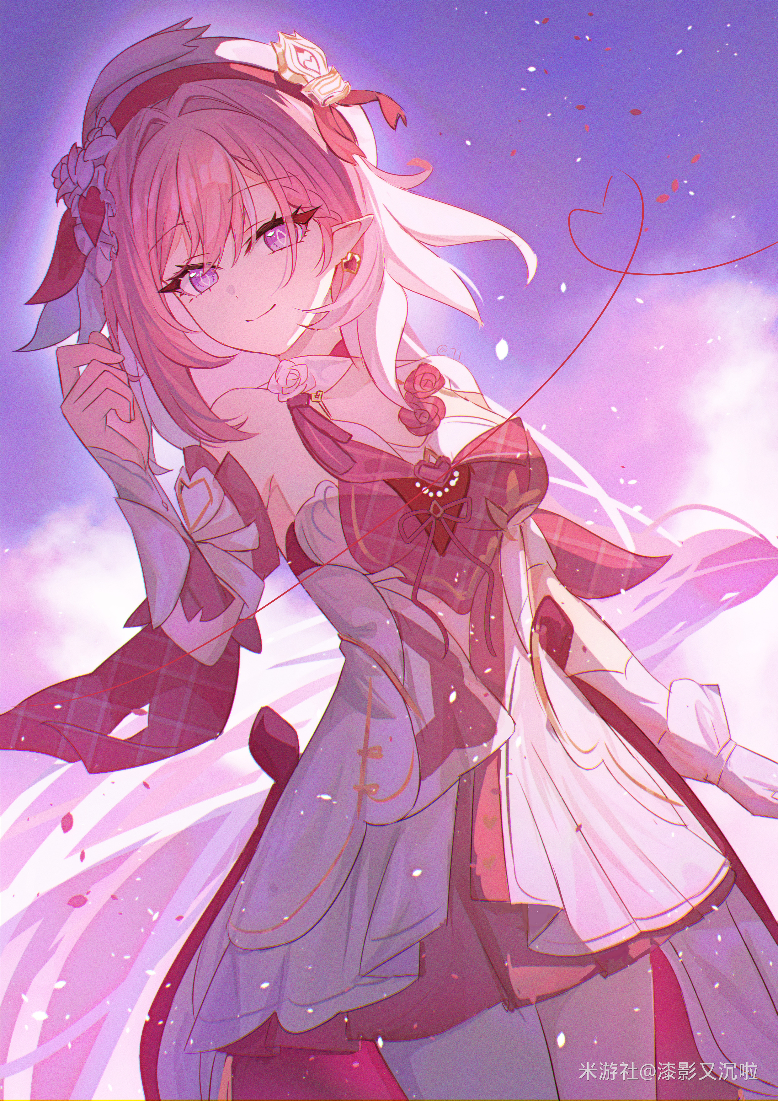 elysia (hi love elf) (honkai impact), elysia (honkai impact), honkai (series), honkai impact 3rd, absurdres, chinese commentary, commentary request, highres, 1girl, breasts, dress, earrings, elf, gloves, heart, heart earrings, jewelry, large breasts, long hair, miyoushe watermark, pantyhose, pink dress, pink hair, pointy ears, purple eyes, qi ying you chen la, single glove, sky, smile, solo, star (sky), starry sky, two-tone dress, very long hair, watermark, white dress, white gloves, white pantyhose