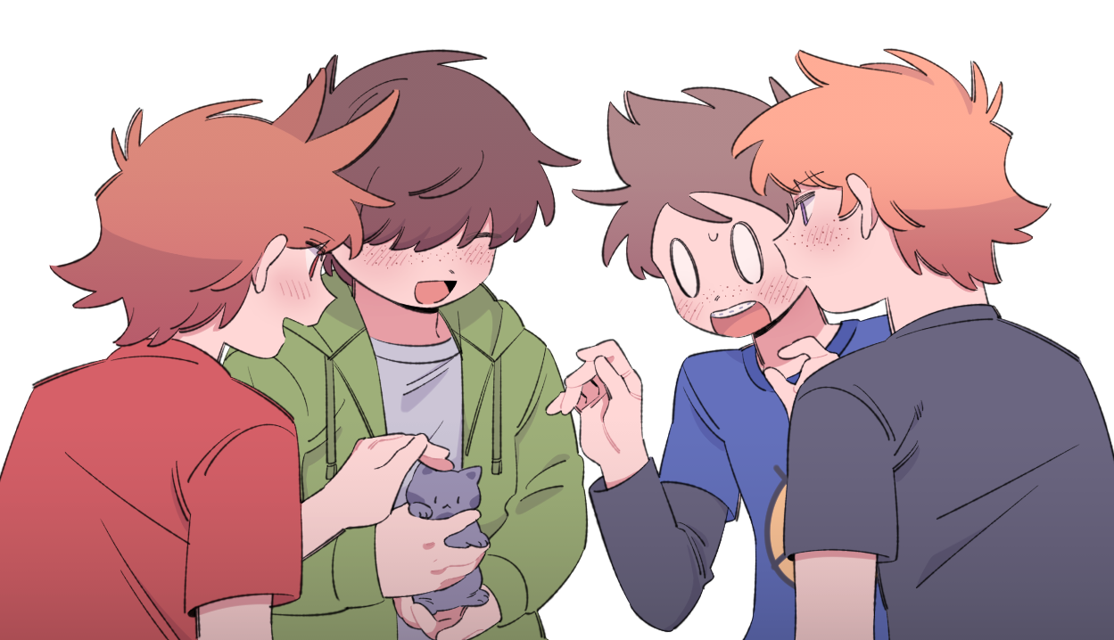 mjsc 10, edd (eddsworld), matt (eddsworld), tom (eddsworld), eddsworld, commentary request, 0 0, 4boys, :d, ^ ^, alternate eye color, animal, antenna hair, black shirt, blank eyes, blue shirt, blush, braces, brown hair, cat, closed eyes, closed mouth, drawstring, freckles, green jacket, grey cat, grey shirt, hair over one eye, hands up, holding, holding animal, holding cat, hood, hood down, hooded jacket, jacket, layered sleeves, long sleeves, male focus, multiple boys, one eye covered, open clothes, open jacket, open mouth, orange hair, purple eyes, red eyes, red shirt, ringo (eddsworld), shirt, short hair, short over long sleeves, short sleeves, simple background, smile, sweatdrop, swept bangs, t-shirt, teeth, tongue, tord (eddsworld), upper body, upper teeth only, very short hair, white background