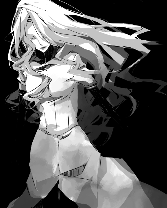 ak (artist), angelica einstellsehn, dogs: bullets & carnage, bad id, bad pixiv id, closed eyes, elbow gloves, gloves, greyscale, lipstick, long hair, makeup, monochrome, solo, white hair