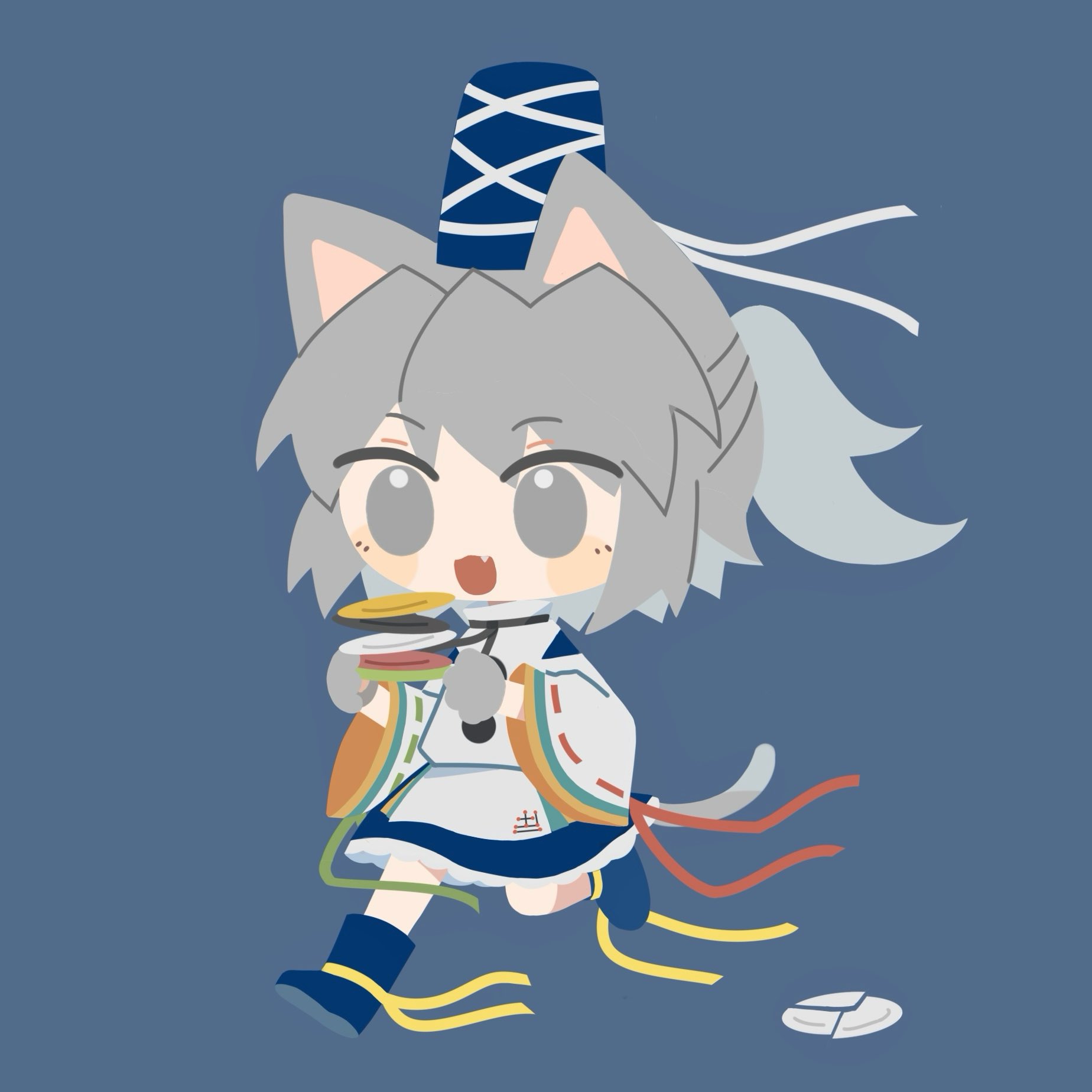 mononobe no futo, touhou, highres, chibi, grey hair, hair ornament, hat, holding, plate, ria bnb, ribbon, shoes, short hair, simple background, smile, socks