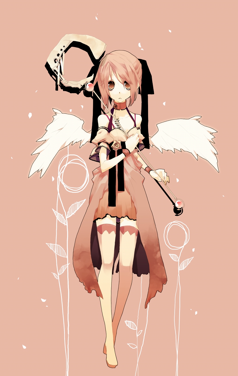 ak (artist), bad id, bad pixiv id, highres, choker, detached sleeves, pink hair, red eyes, ribbon, solo, staff, thighhighs, wings