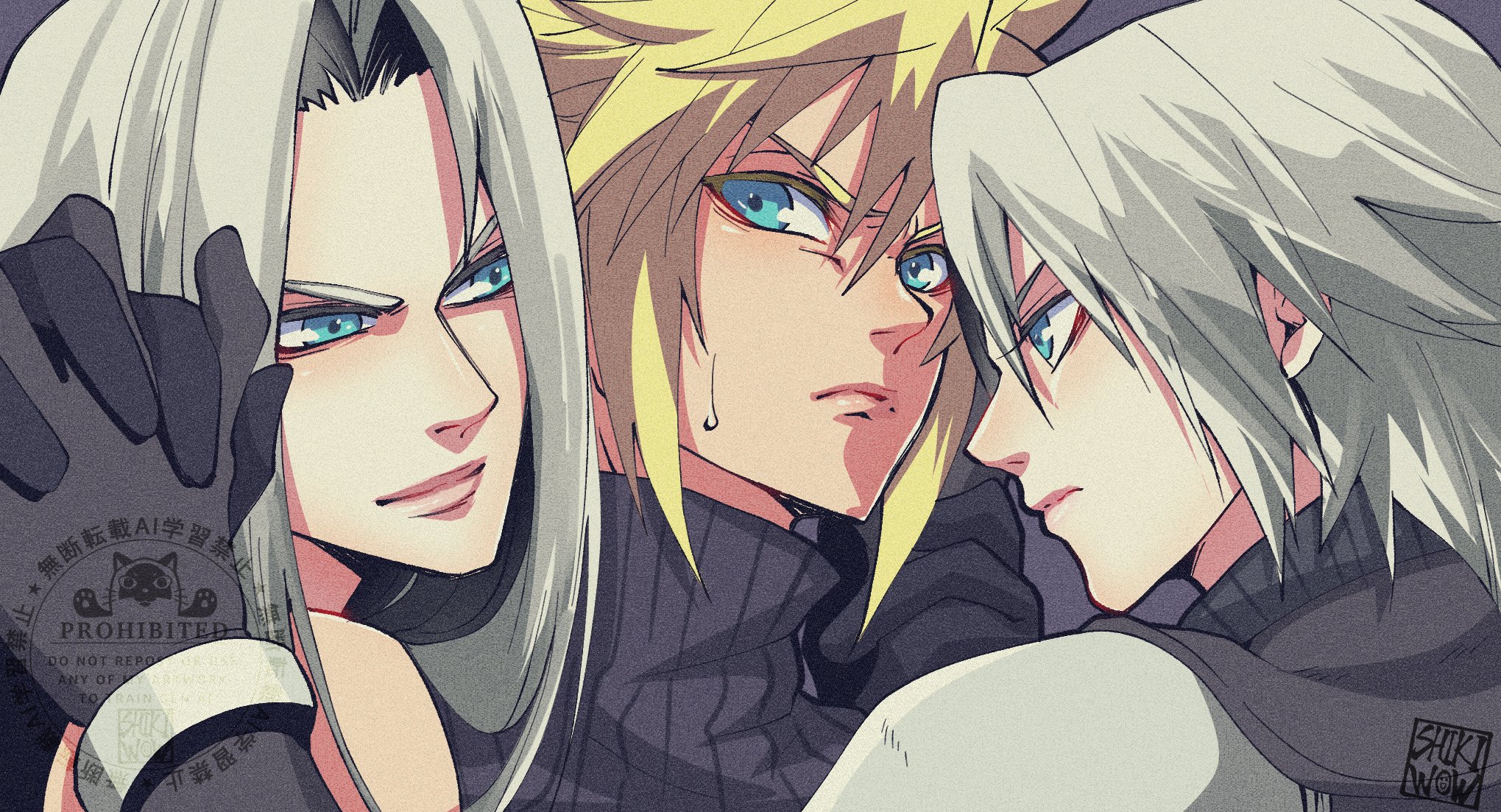 shikiwo, cloud strife, sephiroth, sephiroth (ever crisis), final fantasy, final fantasy vii, final fantasy vii ever crisis, highres, 3boys, aqua eyes, armor, black gloves, black jacket, blonde hair, furrowed brow, gloves, grey hair, hair between eyes, holding hands, interlocked fingers, jacket, looking at another, multiple boys, parted bangs, pauldrons, short hair, shoulder armor, signature, sleeveless, sleeveless turtleneck, sweatdrop, turtleneck, upper body, yaoi
