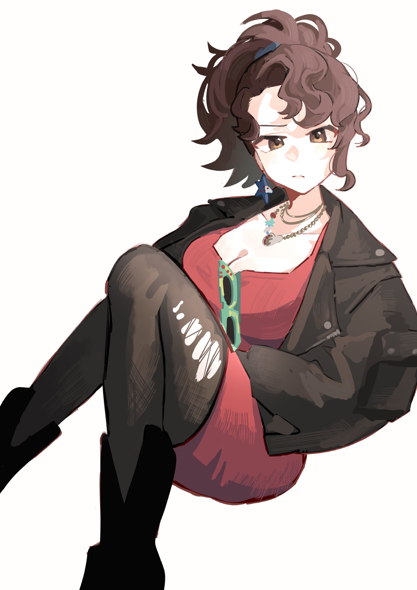 raysse, desert flannel, reverse:1999, highres, 1girl, :/, black boots, black pantyhose, boots, breasts, brown eyes, brown hair, brown jacket, cleavage, closed mouth, dress, earrings, eyewear hang, feet out of frame, furrowed brow, jacket, jewelry, looking at viewer, necklace, pantyhose, ponytail, red dress, short dress, sitting, solo, star (symbol), star earrings, sunglasses, torn clothes, torn pantyhose, unworn eyewear, white background