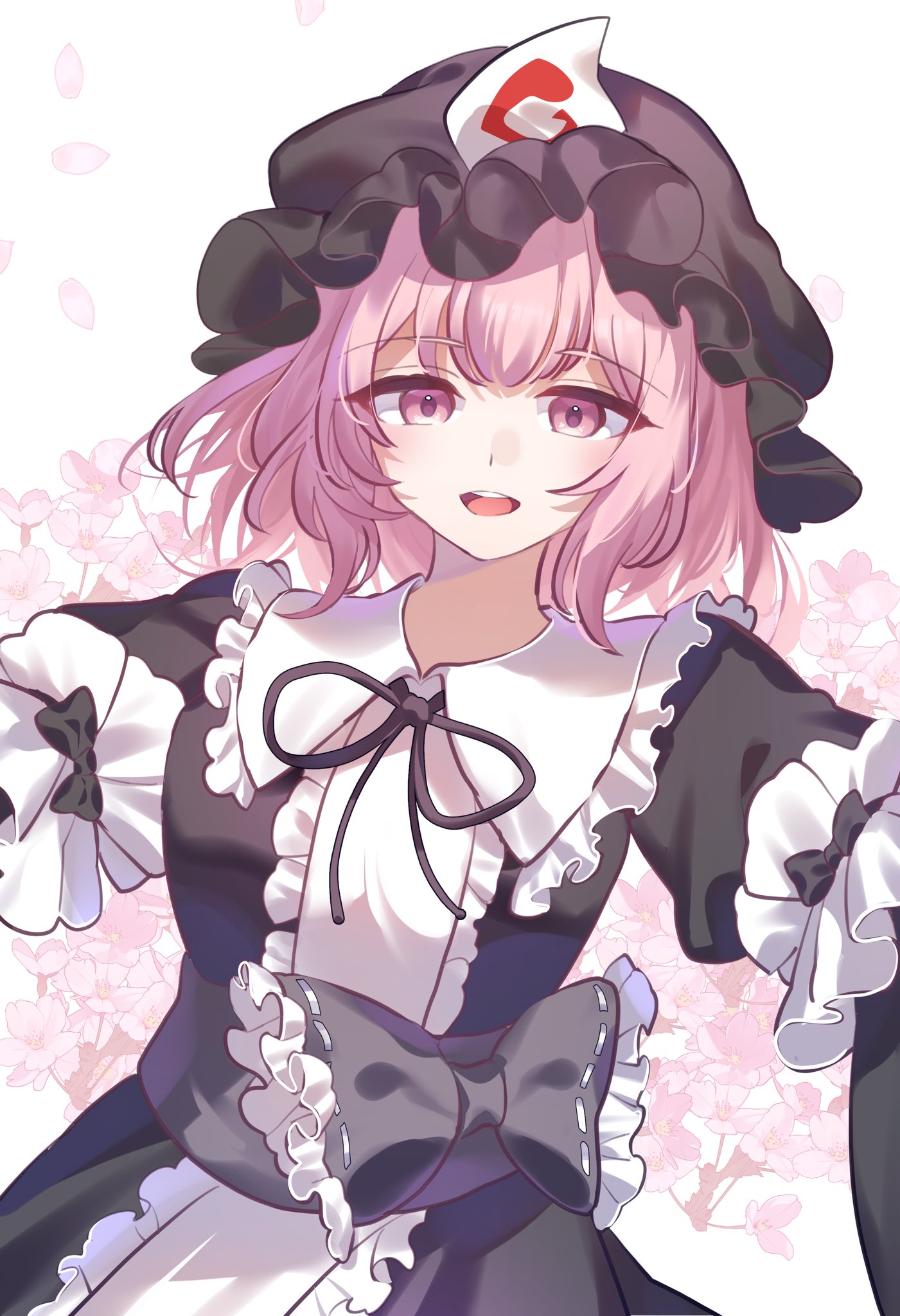 ametama (runarunaruta5656), saigyouji yuyuko, touhou, highres, 1girl, alternate color, black dress, black ribbon, bow, center frills, cherry blossoms, dress, floral background, frills, hat, headdress, long sleeves, open mouth, pink hair, purple eyes, ribbon, short hair, simple background, smile, triangular headpiece, upper body