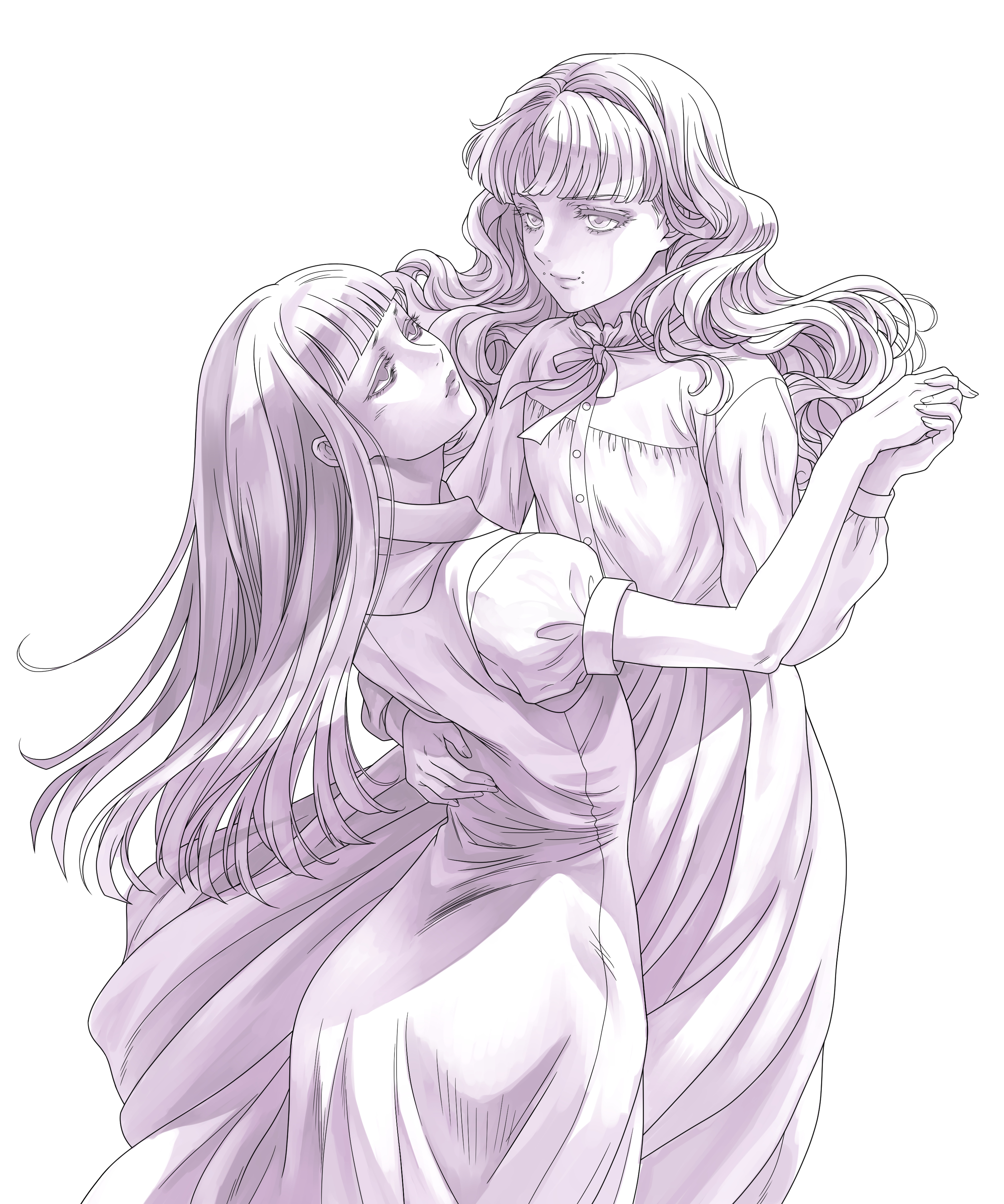 yoshinaga yuki, marina (fear & hunger), samarie (fear & hunger), fear & hunger (series), fear & hunger 2: termina, absurdres, commentary request, highres, 2girls, blunt bangs, closed mouth, dancing, dress, face piercing, frilled shirt collar, frills, holding hands, lips, long hair, long sleeves, monochrome, mouth piercing, multiple girls, neck ribbon, piercing, pinafore dress, ribbon, short sleeves, simple background, skirt, sleeveless, sleeveless dress, white background, yuri
