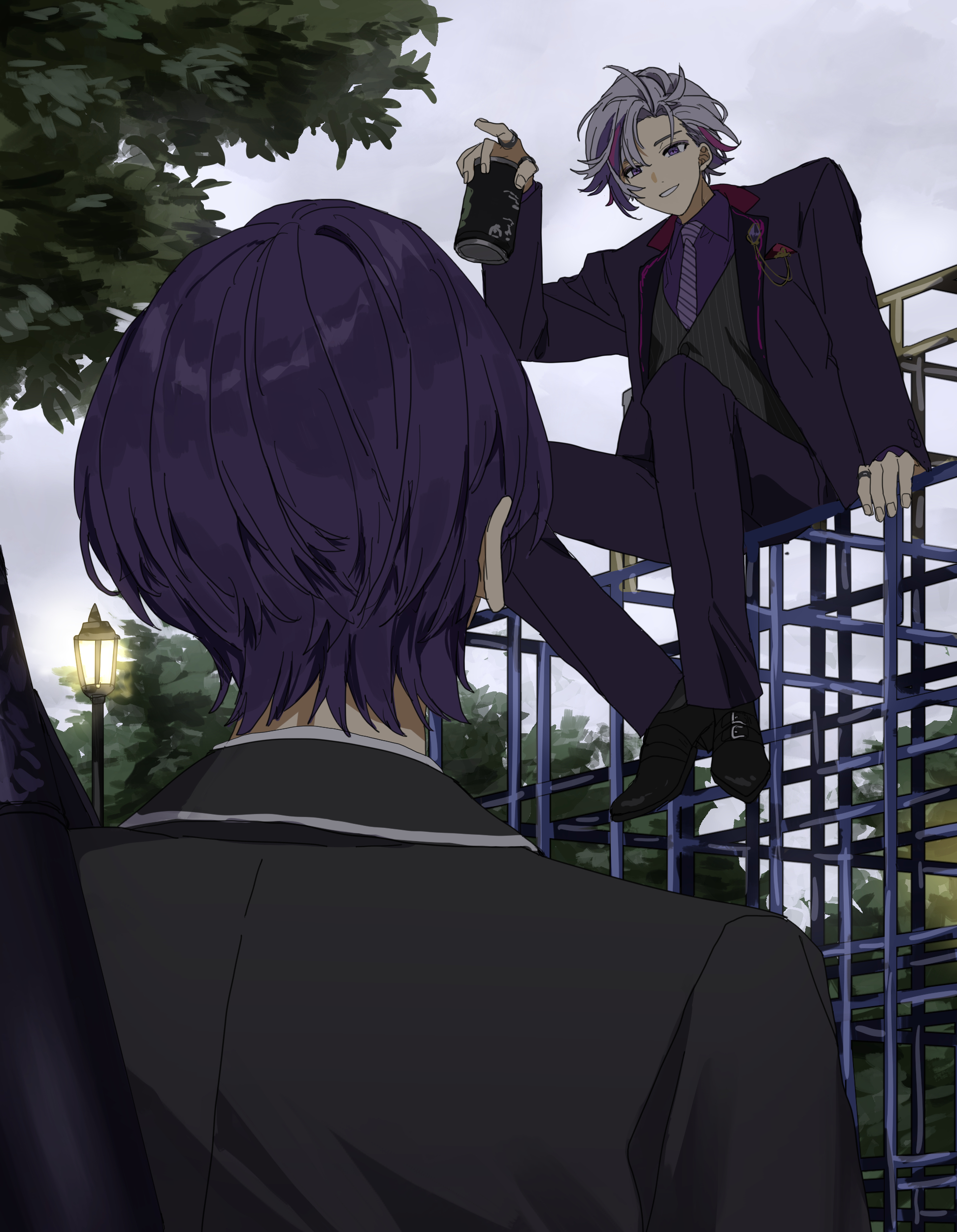 matsuhago, fuwa minato, fuwa minato (2nd costume), kenmochi touya, kenmochi touya (1st costume), nijisanji, absurdres, highres, 2boys, black jacket, black shoes, can, formal clothes, green vest, holding, holding can, jacket, loafers, looking at another, male focus, multicolored hair, multiple boys, outdoors, pants, pinstripe pattern, purple hair, purple jacket, purple pants, shoes, short hair, sitting, sky, suit, tree, two-tone hair, vest, virtual youtuber, white hair