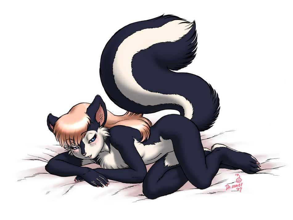 dr comet, tagme, 1girl, animal ears, animal hands, barefoot, feet, female focus, furry, furry female, nude, skunk, skunk girl, solo, tail, toes