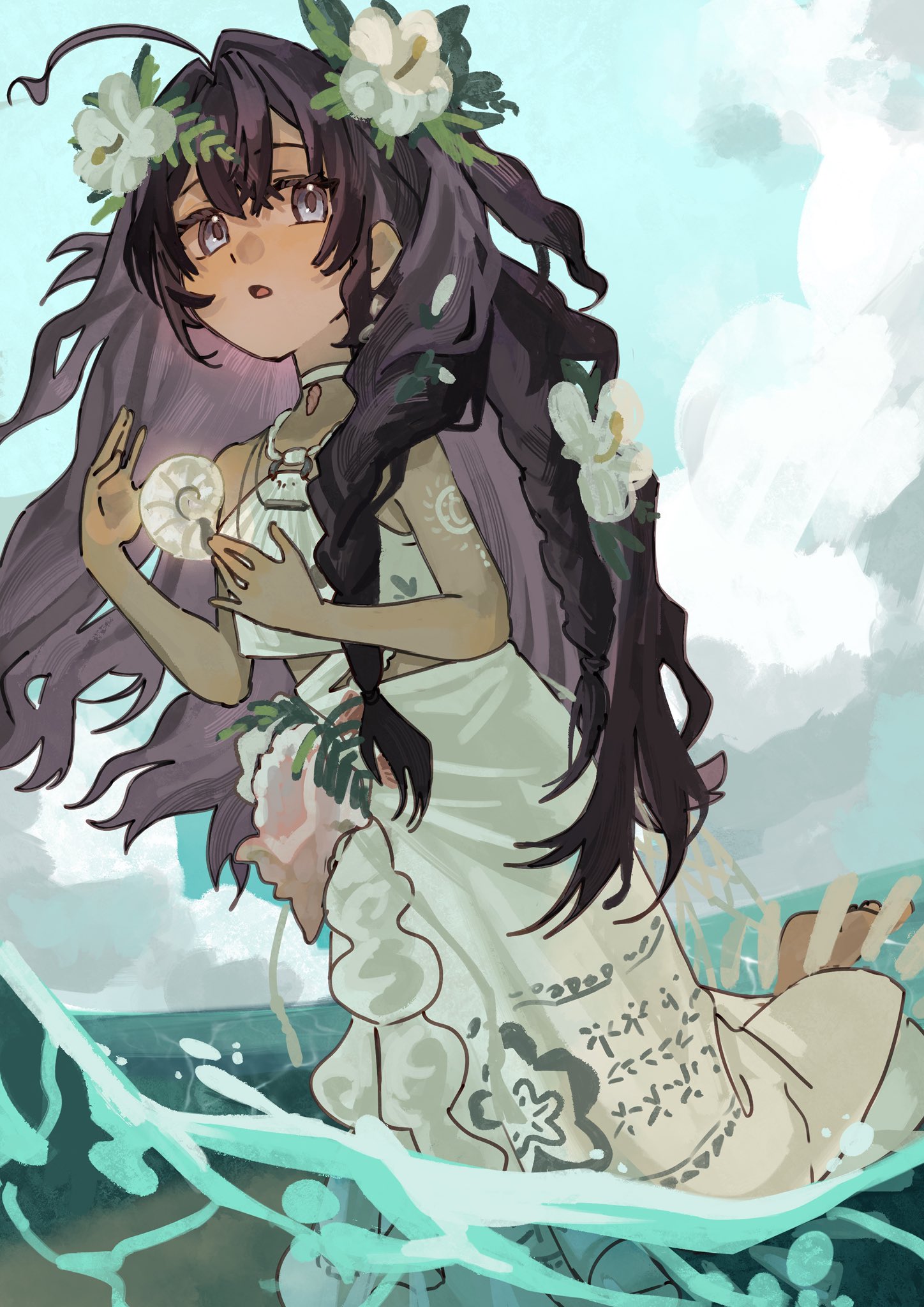 raysse, fatutu, reverse:1999, highres, 1girl, ahoge, blue eyes, blue sky, brown hair, cloud, cloudy sky, conch, dark-skinned female, dark skin, day, flower, hair flower, hair ornament, hands up, hibiscus, leaf hair ornament, long hair, long skirt, looking at viewer, midriff, ocean, outdoors, partially underwater shot, shirt, skirt, sky, sleeveless, sleeveless shirt, solo, triangle mouth, upper body, wading, water, white flower, white shirt, white skirt