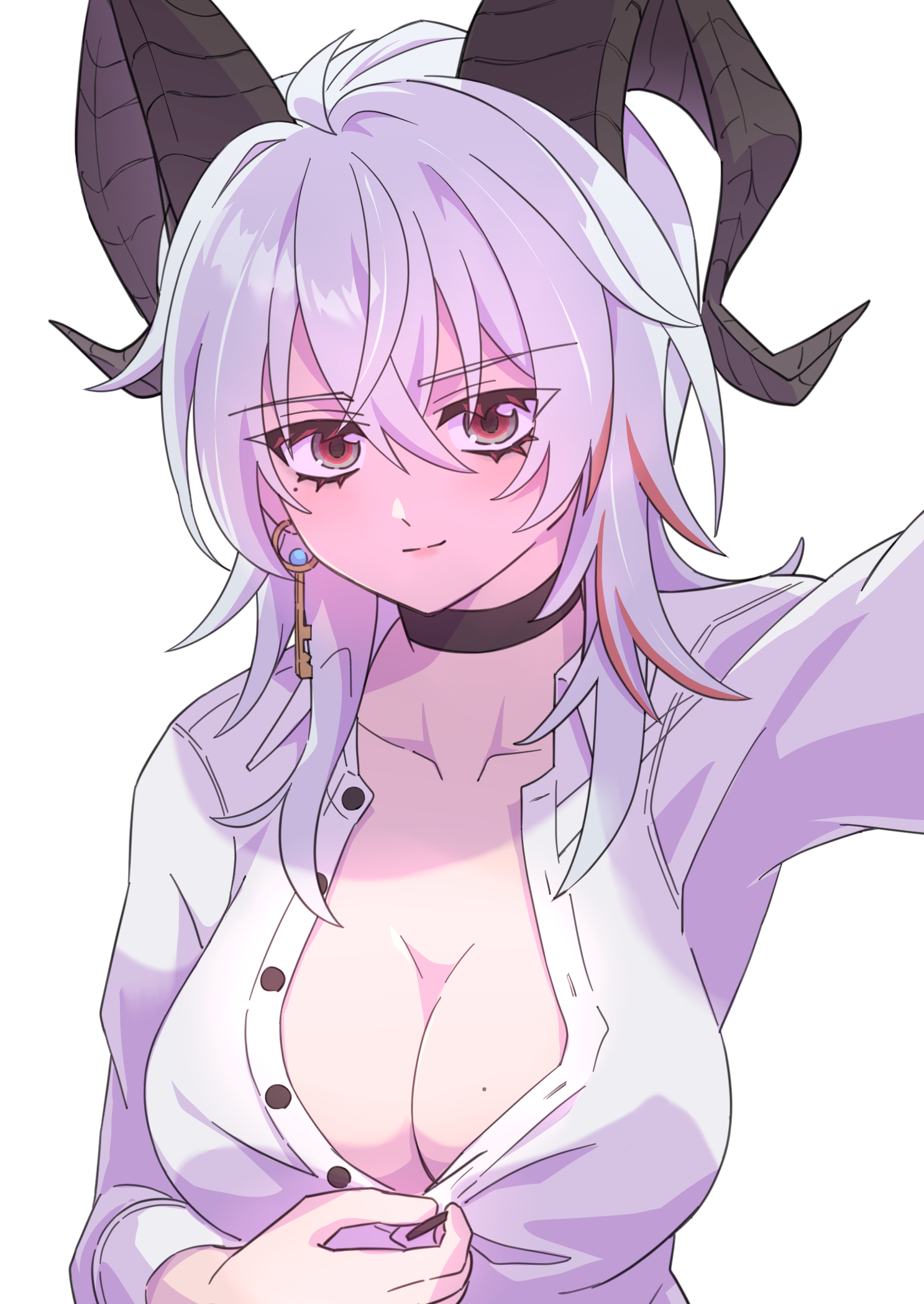 gebet610, zani (wuthering waves), wuthering waves, commentary request, highres, partial commentary, 1girl, ahoge, black choker, black horns, breasts, choker, closed mouth, collarbone, collared shirt, curled horns, earrings, hair between eyes, horns, jewelry, key earrings, large breasts, light smile, looking at viewer, mole, mole on breast, mole under eye, multicolored hair, red eyes, shirt, simple background, solo, streaked hair, unbuttoned, unbuttoned shirt, unbuttoning, upper body, white background, white shirt