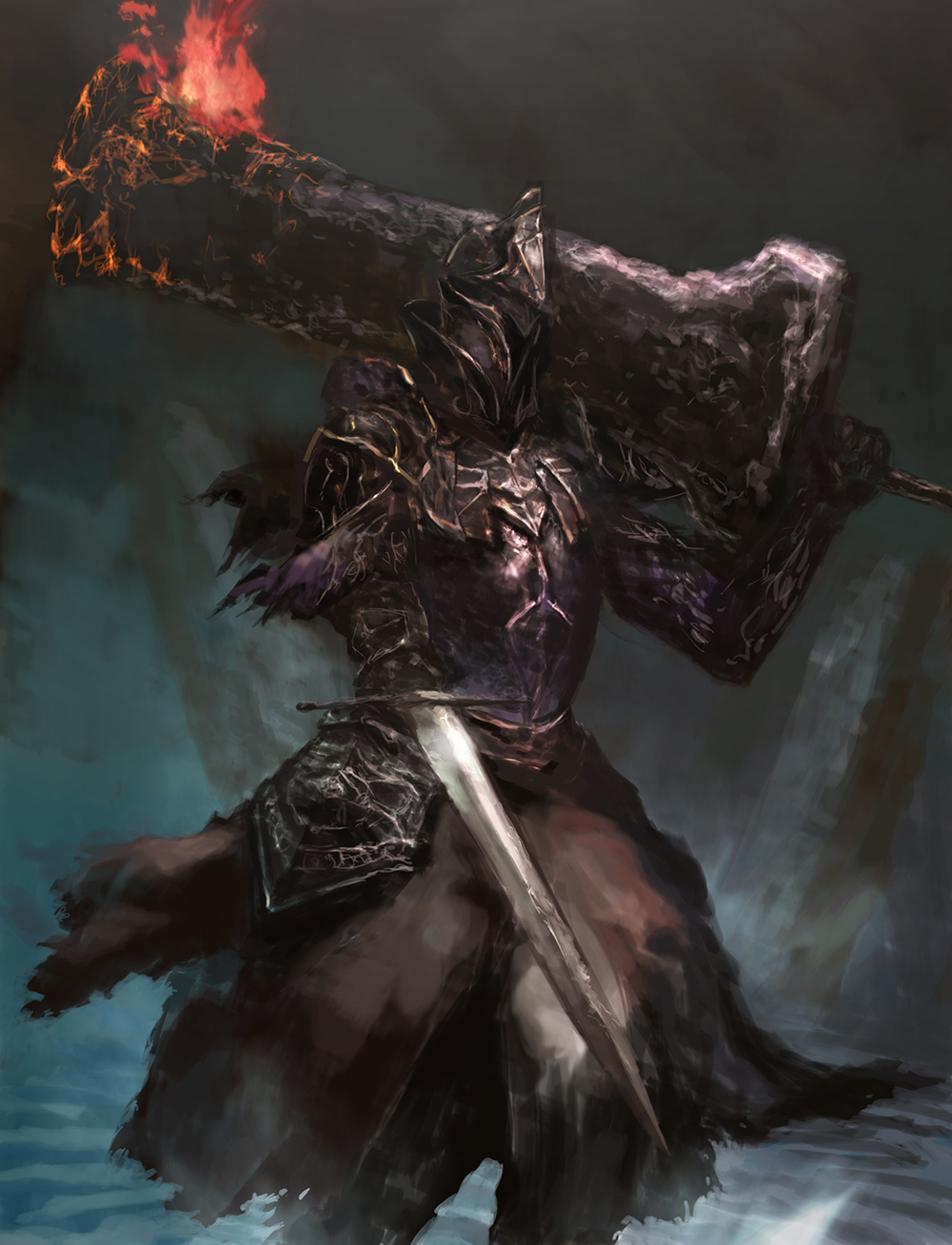 chuno (akiaji81), fume knight, dark souls (series), dark souls ii, commentary request, highres, 1boy, armor, asymmetrical dual wielding, black armor, black pants, blue background, breastplate, dual wielding, feet out of frame, fire, full armor, gauntlets, greatsword, helm, helmet, holding, holding sword, holding weapon, knight, male focus, pants, pauldrons, shoulder armor, solo, sword, weapon