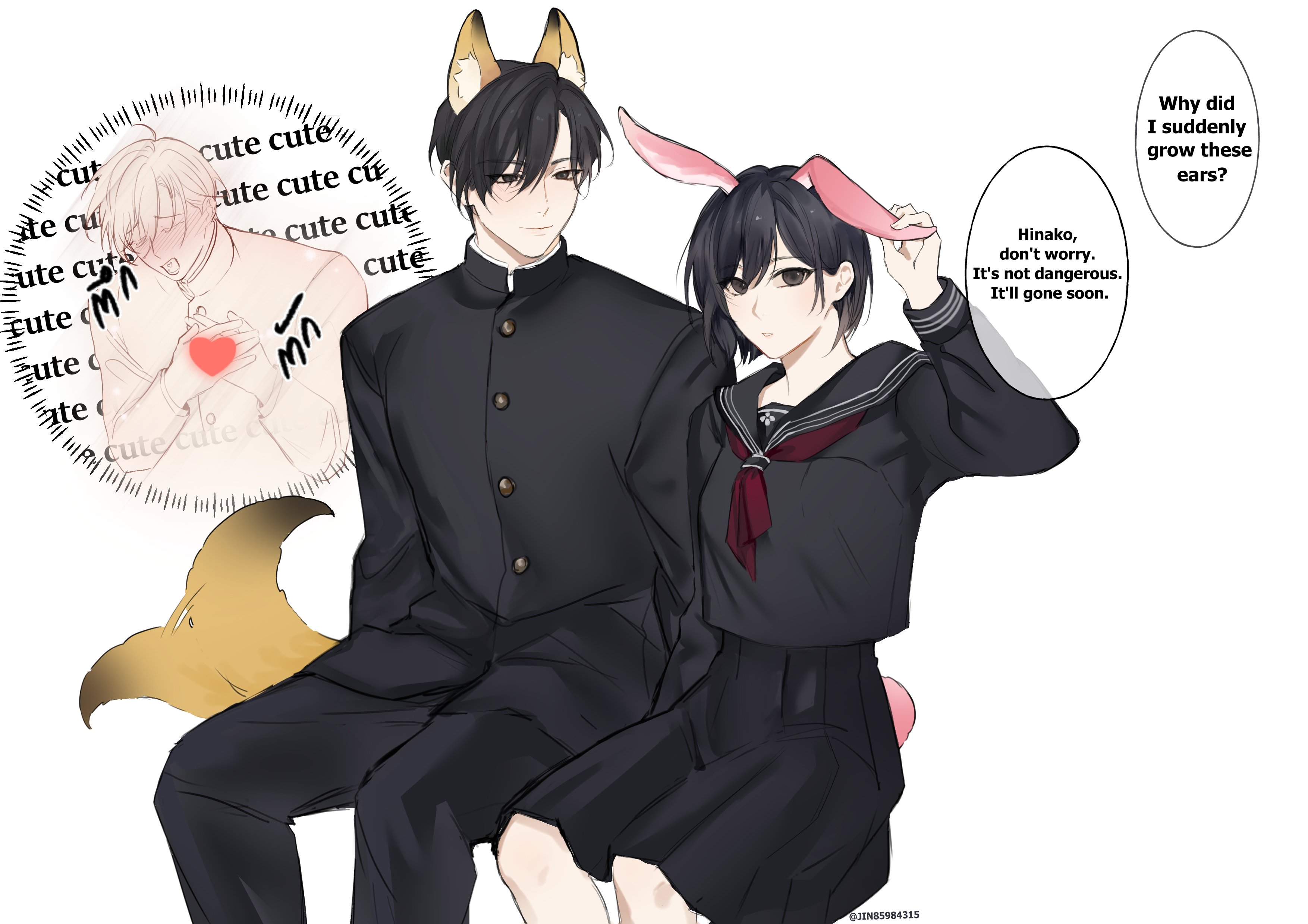 jinaim, fox mask (silent hill), shimizu hinako, silent hill (series), silent hill f, absurdres, highres, 1boy, 1girl, animal ears, black hair, black jacket, black pants, black sailor collar, black serafuku, black shirt, black skirt, blush, breasts, english text, fox boy, fox ears, gakuran, gold buttons, grey eyes, hair between eyes, hands on own chest, jacket, kemonomimi mode, looking at another, medium breasts, neckerchief, pants, parted lips, rabbit ears, rabbit girl, rabbit tail, red neckerchief, sailor collar, school uniform, serafuku, shirt, short hair, sitting, skirt, tail, tail wagging, white background