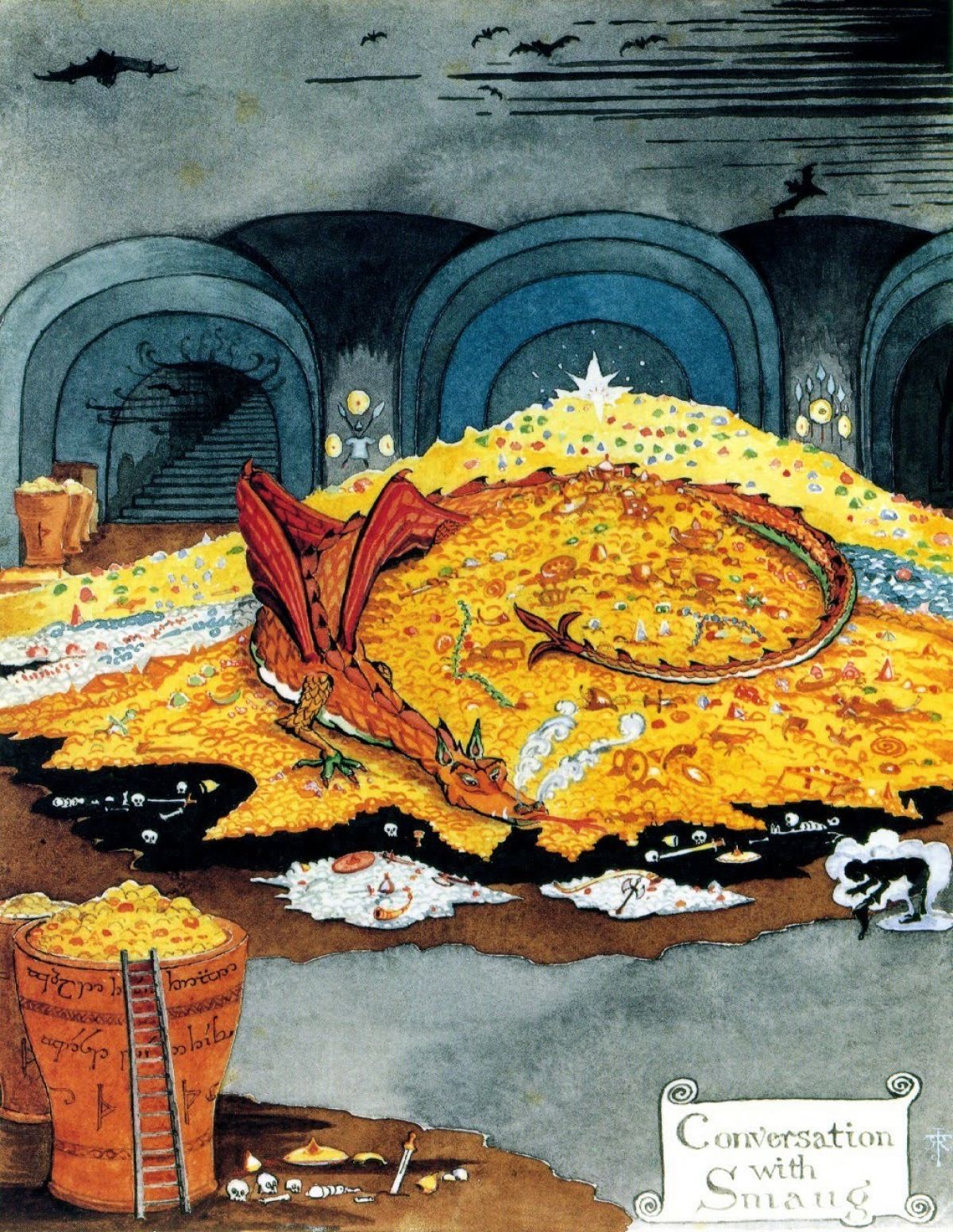mithril, bilbo baggins, smaug, the hobbit, tolkien's legendarium, invisible man, highres, official art, 2boys, arkenstone, axe, bat (animal), bent over, bone, calligraphy, chalice, chamber, claws, coin, cup, dragon, english text, fang, forked tongue, gem, gold, gold coin, green gemstone, halberd, halfling, hanged, hat, helm, helmet, invisible, j.r.r. tolkien, jewelry, knife, looking at another, multiple boys, papyrus, planted, planted sword, planted weapon, polearm, red gemstone, ribbon, scales, shadow, shield, signature, size difference, skeleton, skull, smoke, stairs, sword, tail, tongue, treasure, treasure chest, underground, weapon, wings, wooden stairs