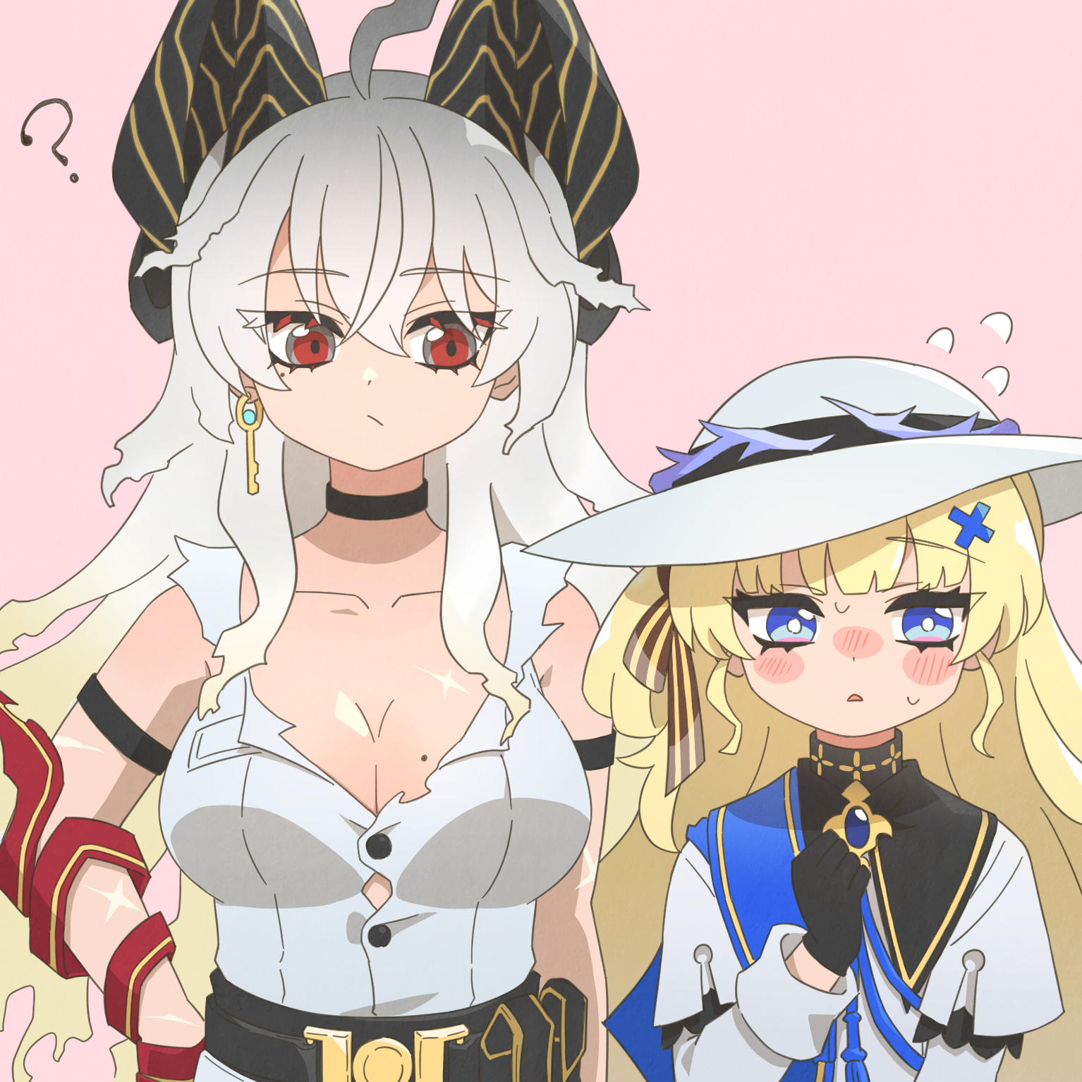 gebet610, phoebe (wuthering waves), zani (wuthering waves), wuthering waves, commentary request, highres, 2girls, :/, ?, ahoge, arm strap, black choker, black collar, black gloves, black horns, blonde hair, blue eyes, blue sash, breasts, choker, closed mouth, collar, collarbone, curled horns, earrings, flying sweatdrops, gloves, gradient hair, grey hair, hair between eyes, hair ornament, hand on own hip, hand up, hat, horns, jewelry, key earrings, large breasts, long hair, looking at another, mole, mole on breast, multicolored hair, multiple girls, necktie, necktie around wrists, parted lips, red eyes, red necktie, sash, scar, shirt, shirt tucked in, torn clothes, torn shirt, white hat, white shirt, x hair ornament