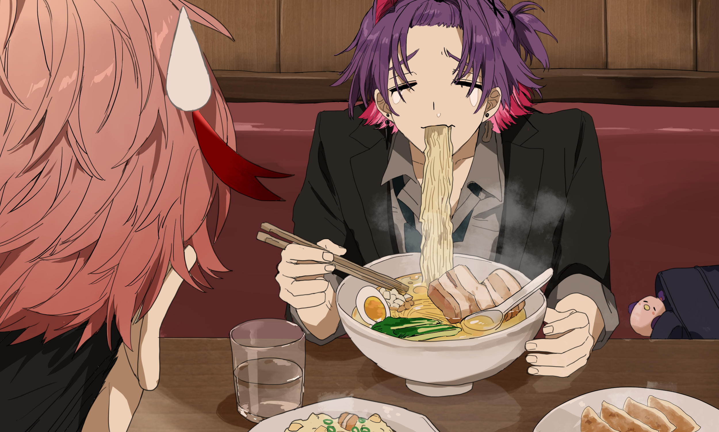 matsuhago, seraph dazzlegarden, watarai hibari, nijisanji, highres, 2boys, black jacket, bowl, chopsticks, closed mouth, colored inner hair, comedic sweatdrop, cup, eating, food, food in mouth, grey shirt, holding, holding chopsticks, jacket, male focus, multicolored hair, multiple boys, noodles, pink hair, plate, purple hair, ramen, shirt, short sleeves, sitting, spoon, table, tears, two-tone hair, virtual youtuber