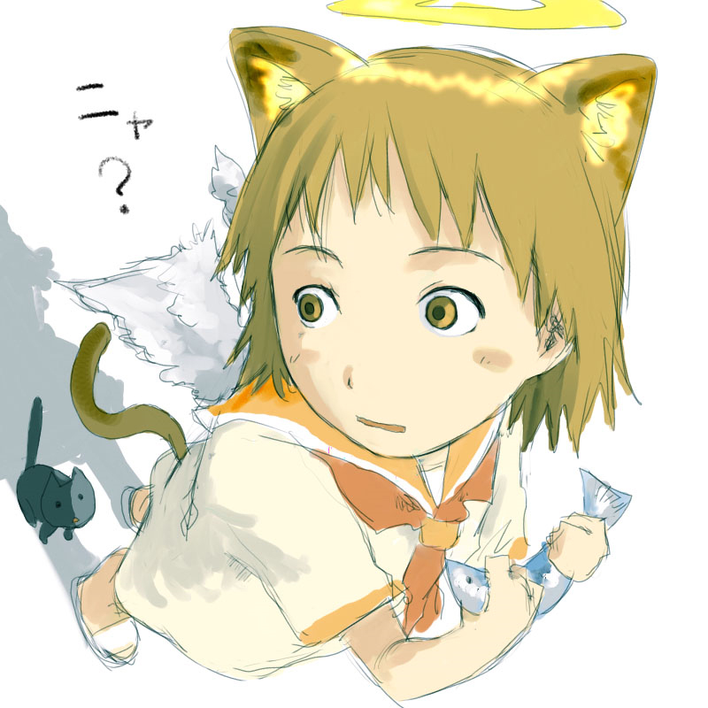 rakka (haibane renmei), haibane renmei, 00s, animal ears, cat, cat ears, fish, halo, school uniform, short hair, solo, traditional halo, wings