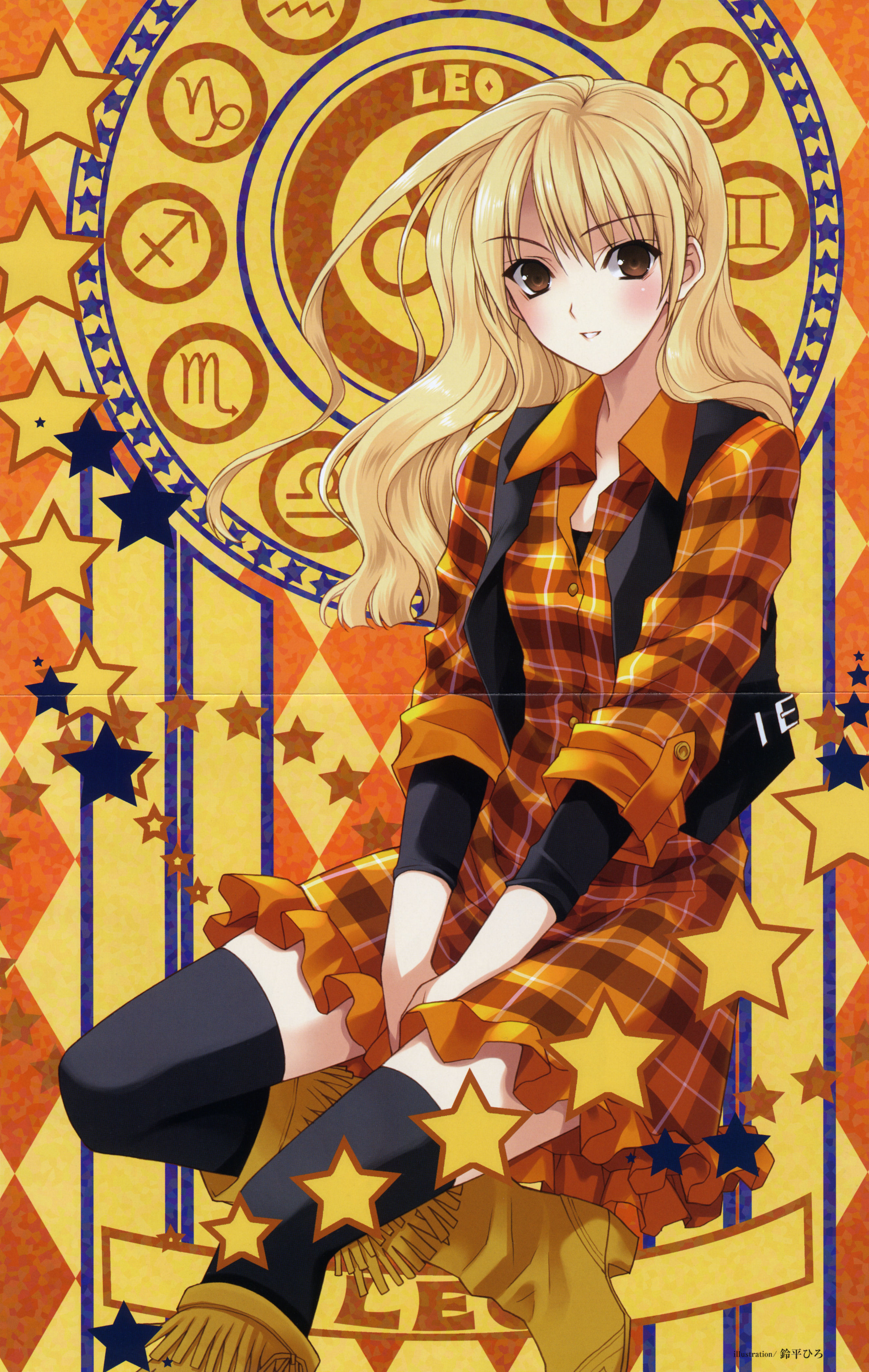 suzuhira hiro, plaid, absurdres, highres, 1girl, autumn, blonde hair, blush, boots, braid, brown eyes, cowboy boots, dress, fashion, female focus, long hair, solo, thighhighs, v arms, vest, zettai ryouiki, zodiac