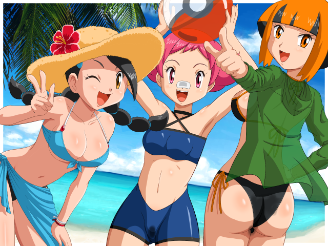 pokemoa, candice (pokemon), gardenia (pokemon), maylene (pokemon), nintendo, pokemon, pokemon dppt, 00s, 3girls, armpits, arms up, ass, ball, bandaid, bandaid on face, bandaid on nose, beach, beachball, bike shorts, bikini, bikini under clothes, black bikini, black hair, blue bikini, bracelet, breasts, brown eyes, brown hair, cleavage, cloud, cowboy shot, criss-cross halter, day, flower, foreshortening, from behind, front-tie bikini top, front-tie top, gym leader, hair ornament, halterneck, hand on own hip, hand on own thigh, happy, hat, hat flower, hibiscus, holding, jewelry, leaning forward, long hair, low twintails, midriff, multi-tied hair, multicolored hair, multiple girls, navel, ocean, one eye closed, open clothes, open shirt, orange eyes, orange hair, outdoors, outstretched arm, palm tree, panties, pink eyes, pink hair, pointing, pointing at viewer, poke ball, sarong, see-through clothes, shirt, short hair, side-tie bikini bottom, sideboob, sidelocks, sky, small breasts, smile, sports bikini, straw hat, swept bangs, swimsuit, swimsuit under clothes, take your pick, tomboy, tree, twintails, two-tone hair, underboob, underwear, v