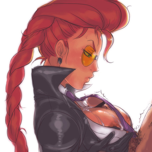 nam (nam990902), nanboku, crimson viper, capcom, street fighter, street fighter iv (series), lowres, 1girl, blush, braid, breasts, censored, cum, cum on body, cum on breasts, cum on upper body, dark skin, gloves, large breasts, long hair, nipples, open clothes, open shirt, paizuri, paizuri under clothes, penis, pompadour, red hair, shirt, solo focus, sunglasses