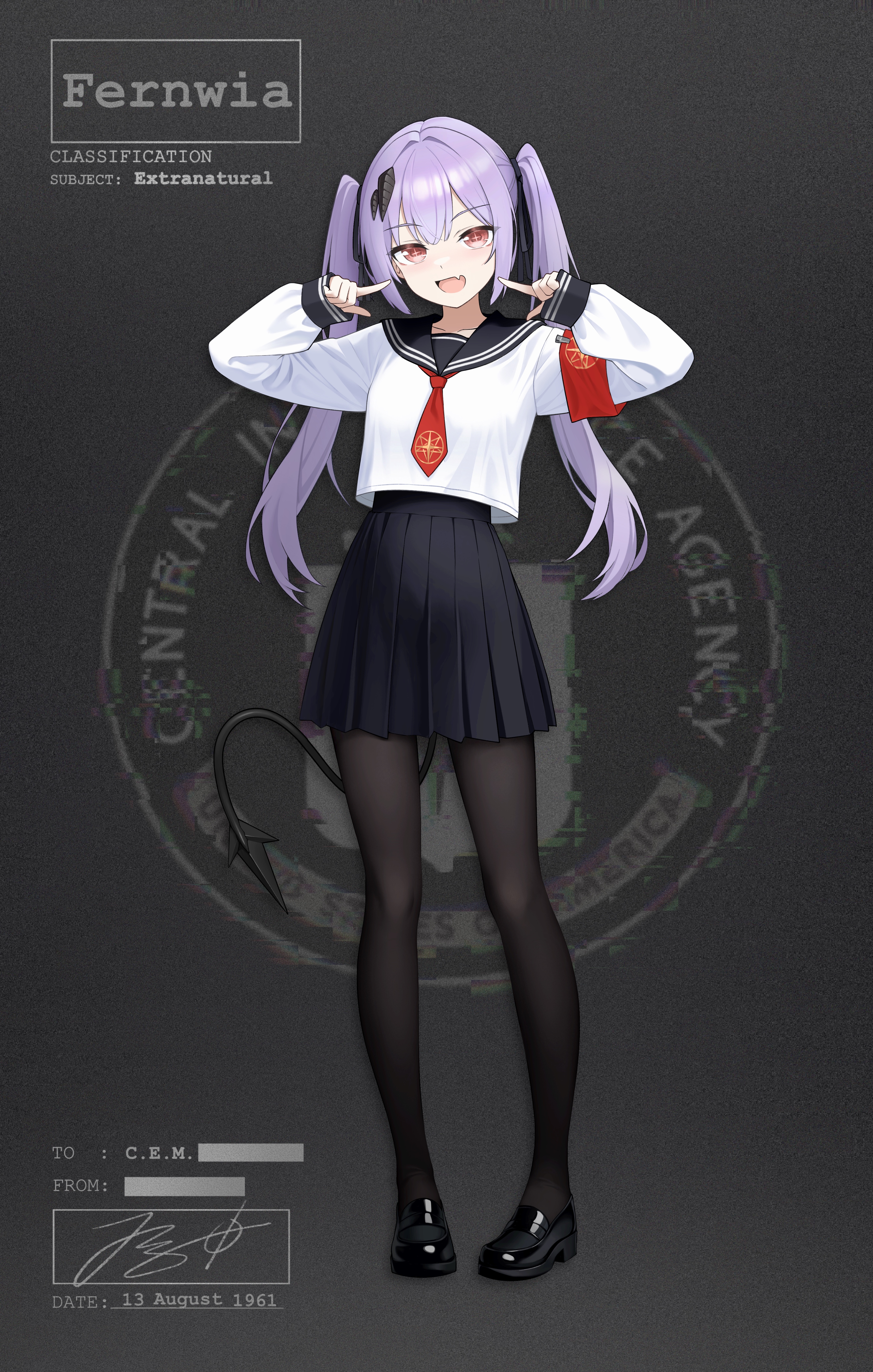 jerry wang, original, absurdres, adversarial noise, commentary, english commentary, highres, + +, 1girl, armband, bar censor, black pantyhose, black ribbon, black sailor collar, black shoes, black skirt, black tail, blue hair, breasts, brown eyes, brown hair, censored, central intelligence agency, character name, collarbone, dated, demon girl, demon tail, emblem, english text, fang, full body, glitch, hair tie, hands up, loafers, long hair, long sleeves, necktie, open mouth, pantyhose, pleated skirt, pointing at mouth, red armband, red necktie, ribbon, sailor collar, school uniform, serafuku, shirt, shoes, sidelocks, signature, skin fang, skirt, small breasts, smile, solo, standing, symbol-shaped pupils, tail, twintails, white shirt