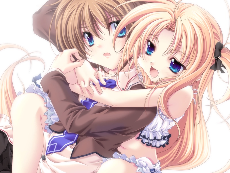 miyama-zero, shirogane akane, togetsu kotarou, kanojo tachi no ryuugi, game cg, 1boy, 1girl, blonde hair, blue eyes, brown hair, fang, hetero, hug, long hair, short hair