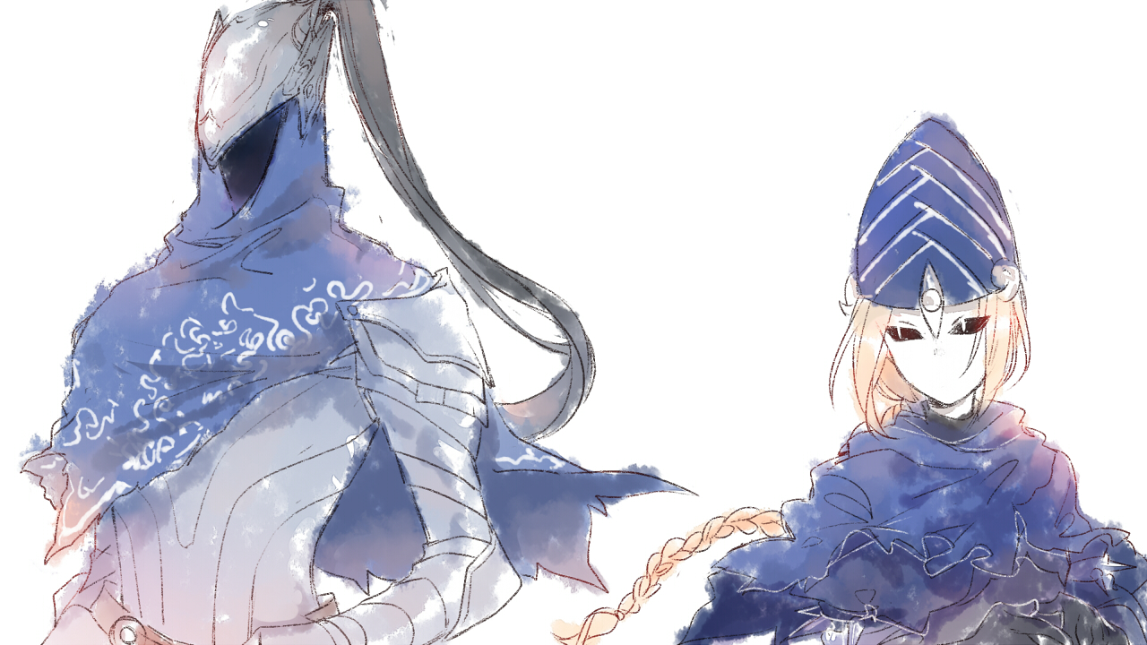 maou skun, artorias the abysswalker, lord's blade ciaran, dark souls (series), dark souls i, commentary request, 1boy, 1girl, armor, blonde hair, blue cape, braid, breastplate, cape, helmet, long hair, mask, masked, simple background, single braid, upper body, white background