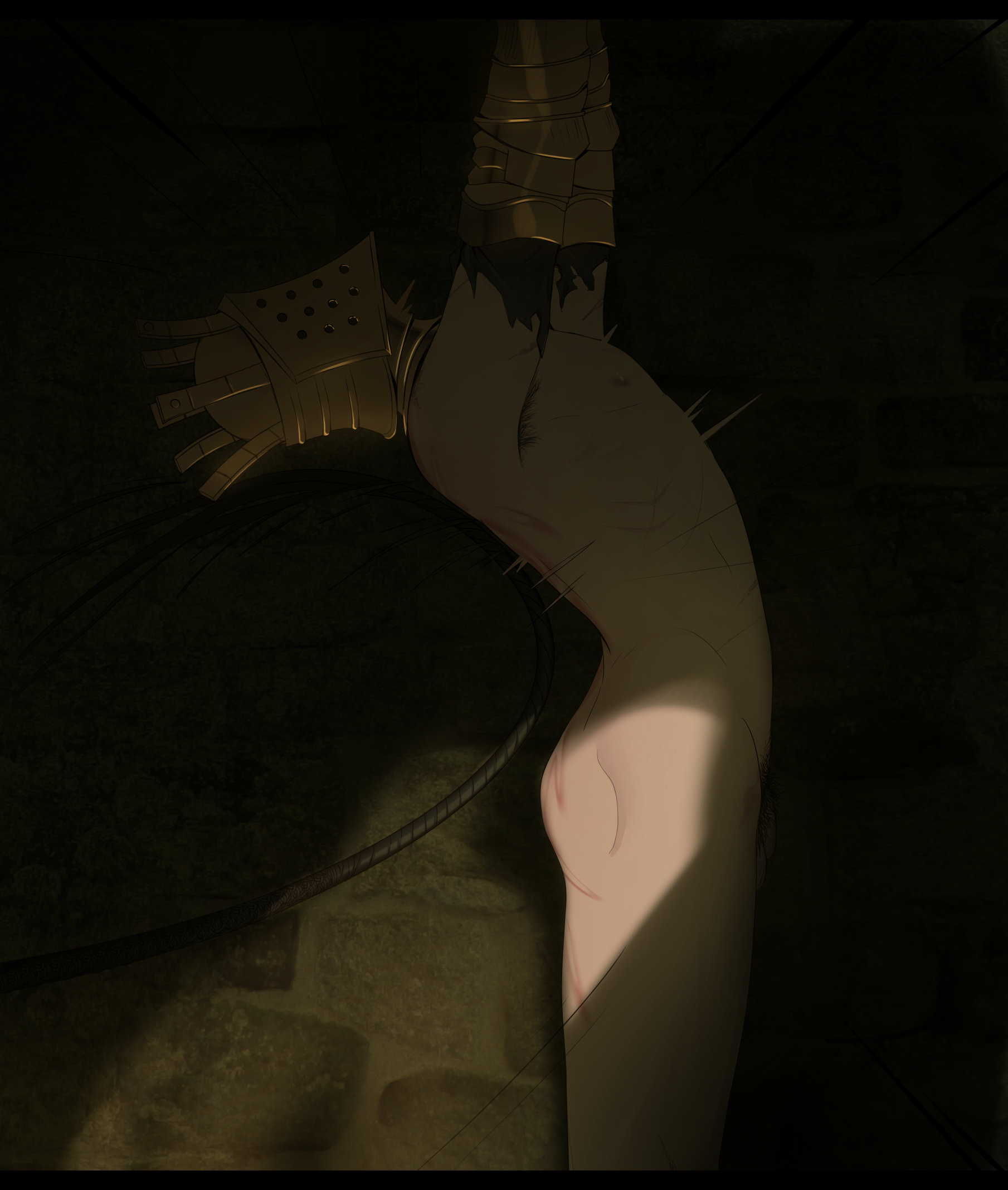 v087, knight lautrec of carim, dark souls (series), dark souls i, commentary, english commentary, highres, 1boy, cowboy shot, from side, gauntlets, helm, helmet, male focus, medium hair, nude, solo, whip