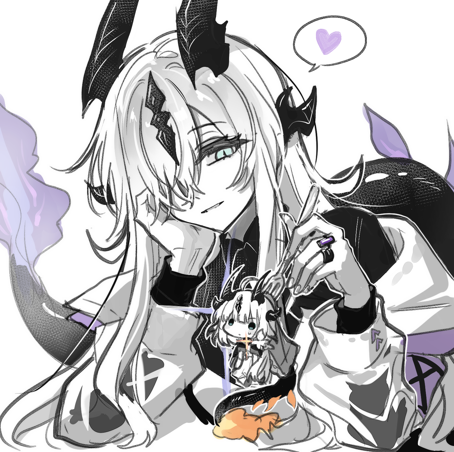 ppxdq, necrass (arknights), reed (arknights), arknights, chinese commentary, commentary request, highres, 2girls, ahoge, aqua eyes, collared shirt, fingernails, fire, flame-tipped tail, hair over one eye, head rest, heart, holding, horns, jewelry, light smile, long hair, long sleeves, mini person, minigirl, multiple girls, one eye covered, parted lips, partially colored, ring, shirt, siblings, simple background, sisters, spoken heart, tail, white background