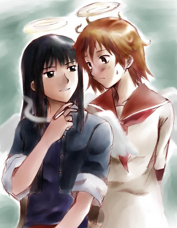 rakka (haibane renmei), reki (haibane renmei), haibane renmei, 00s, black hair, brown hair, cigarette, halo, long hair, school uniform, short hair, sleeves rolled up, smoking, static cling, traditional halo, wings