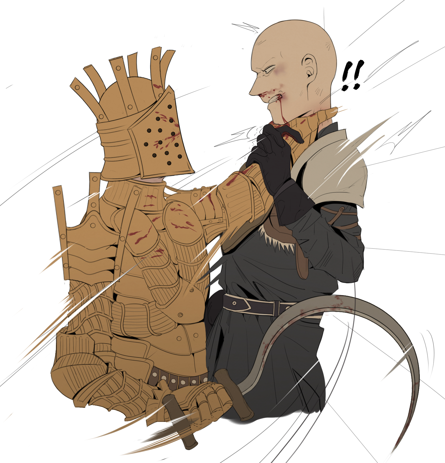 v087, knight lautrec of carim, patches (fromsoftware), dark souls (series), dark souls i, commentary, english commentary, highres, !, !!, 2boys, bald, black gloves, black shirt, blood, gauntlets, gloves, helm, helmet, knight, male focus, multiple boys, shirt, shotel, simple background, strangling, sword, upper body, weapon, white background