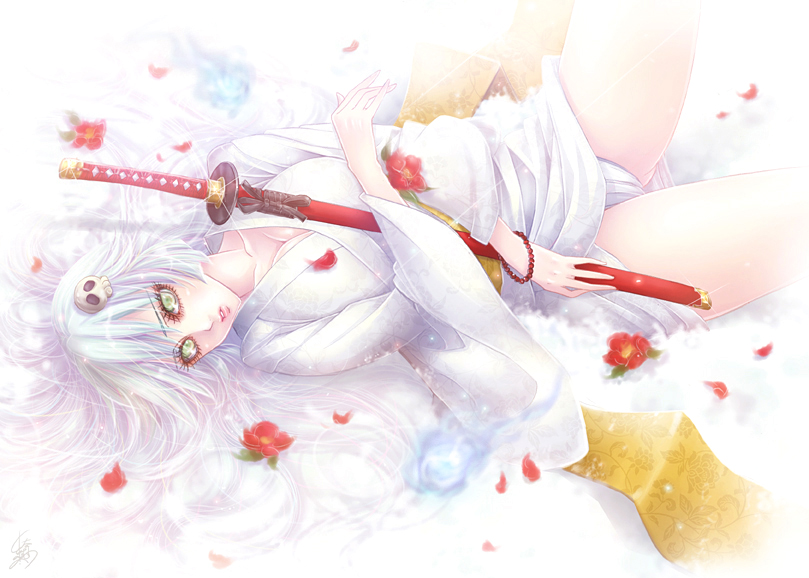ojou (mei guanxi), bishamon (darkstalkers), capcom, darkstalkers, bad id, bad pixiv id, 1girl, blue hair, breasts, cleavage, female focus, flower, fundoshi, genderswap, genderswap (mtf), green eyes, japanese clothes, katana, kimono, lying, midnight bliss, petals, short kimono, small breasts, solo, sword, weapon, white hair