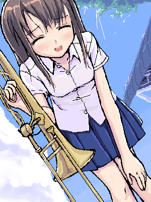 takayaki, lowres, bent over, blush, brown hair, closed eyes, cloud, day, instrument, long hair, oekaki, skirt, sky, smile, trombone