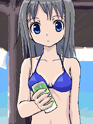 takayaki, lowres, :o, bikini, blue bikini, blue eyes, brown hair, can, long hair, oekaki, solo, swimsuit