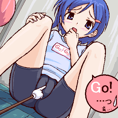 takayaki, lowres, bike shorts, blue eyes, blue hair, blush, cameltoe, fingering, hair ornament, hairclip, oekaki, poking, short hair, sitting, solo, spread legs