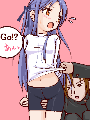 takayaki, lowres, bike shorts, blush, brown eyes, clothes lift, clothes pull, long hair, midriff, navel, oekaki, purple hair, shirt lift, shirt pull