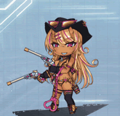 francis (taimanin asagi), lilith-soft, taimanin (series), taimanin rpgx, looking away, animated, animated gif, lowres, 1girl, alternate costume, arms up, bikini, blonde hair, bouncing breasts, breasts, chibi, cup, curvy, dark-skinned female, dark skin, happy, hat, holding, holding cup, horns, large breasts, nail polish, official alternate costume, sheriff badge, shiny skin, smile, solo, standing, striped bikini, striped clothes, swimsuit, tan, thong bikini, v, weapon