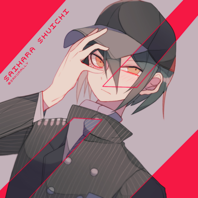 sakura (fein5862817), saihara shuichi, danganronpa (series), danganronpa v3: killing harmony, commentary request, 1boy, aegyo sal, aqua hair, baseball cap, black hat, black jacket, blazer, blue necktie, breast pocket, buttons, closed mouth, collared jacket, determined, double-breasted, grey background, grey shirt, hair between eyes, hand on own head, hat, high collar, jacket, lapels, layered sleeves, light blush, light frown, long eyelashes, long hair between eyes, long sleeves, necktie, notched lapels, official alternate costume, pinstripe jacket, pinstripe pattern, pocket, pointy nose, red background, revealing layer, school uniform, shirt, short hair, solo, striped necktie, two-tone background, undershirt, upper body, yellow eyes
