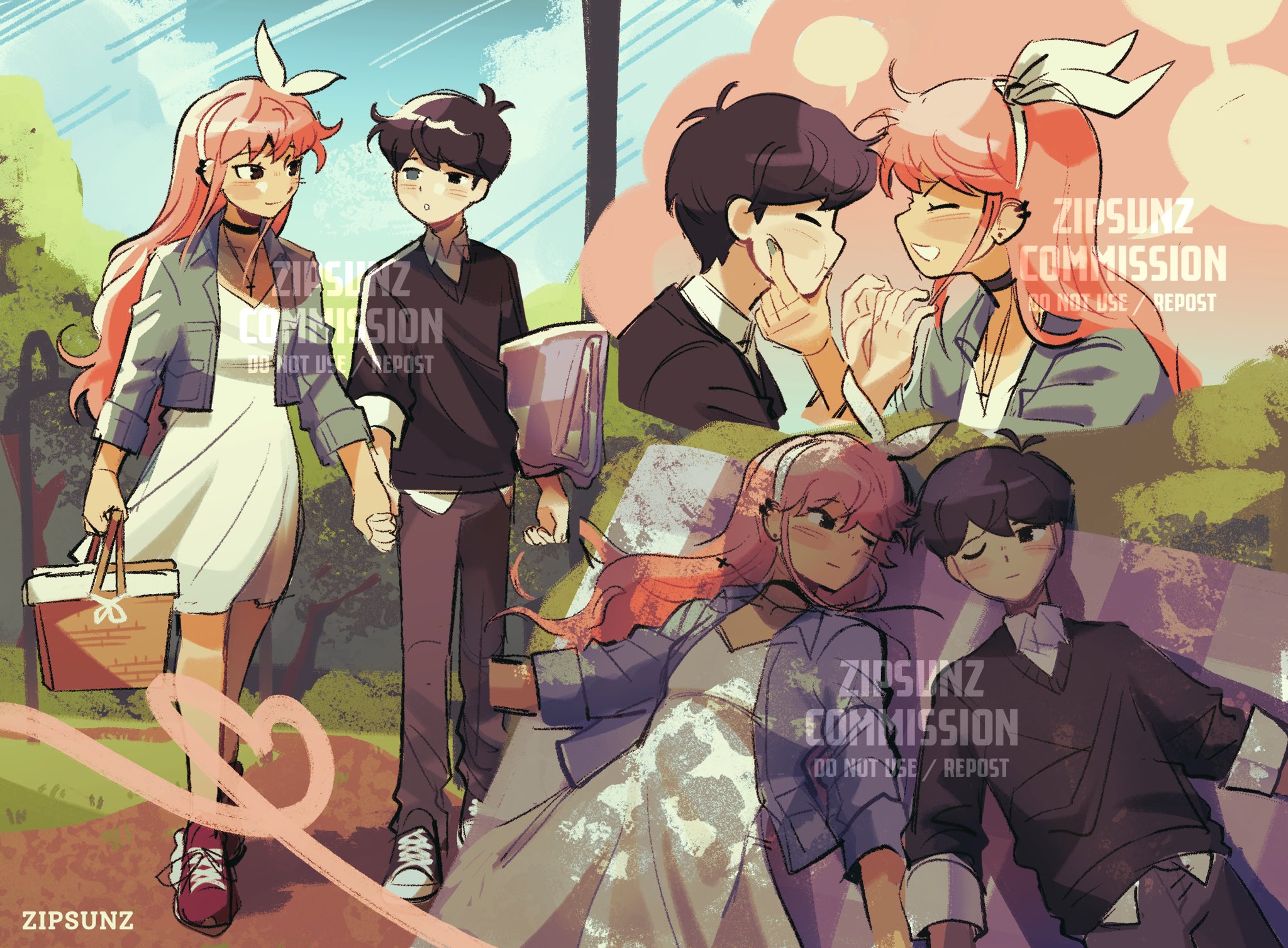 zipsunz, aubrey (faraway) (omori), aubrey (omori), sunny (omori), omori, commentary, commission, english commentary, highres, 1boy, 1girl, :d, :o, :t, ;), ^ ^, alternate costume, antenna hair, artist name, basket, black choker, black eyes, black hair, black pants, black shoes, black sweater, blank speech bubble, blanket, blue sky, bow hairband, breasts, choker, closed eyes, closed mouth, collared jacket, collared shirt, couple, cowboy shot, day, denim, denim jacket, dress, ear piercing, earrings, eye contact, face-to-face, facing another, full body, grey eyes, grey jacket, grey nails, grin, hair spread out, hairband, hand on another's cheek, hand on another's face, heart, hetero, heterochromia, holding, holding basket, holding blanket, holding hands, holding picnic basket, jacket, jewelry, long hair, long sleeves, looking at another, lying, medium dress, multiple views, nail polish, necklace, no pupils, official alternate eye color, on back, one eye closed, open clothes, open jacket, open mouth, outdoors, pants, picnic basket, picnic blanket, piercing, pink hair, profile, red shoes, shirt, shoelaces, shoes, short hair, sideways mouth, sky, small breasts, smile, speech bubble, standing, stud earrings, sweater, tree, v-neck, very long hair, very short hair, walking, watermark, white dress, white hairband, white shirt