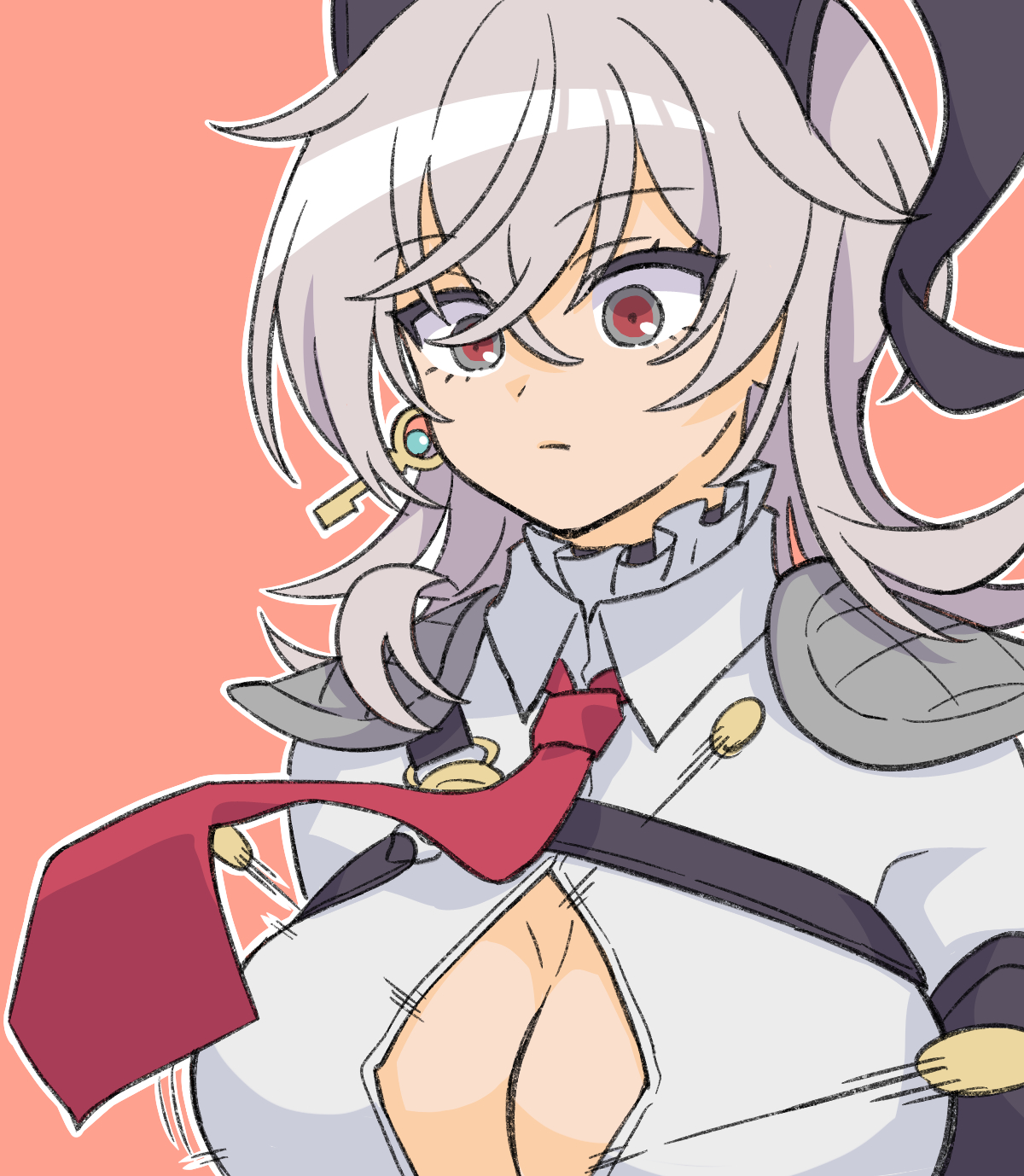 gebet610, zani (wuthering waves), wuthering waves, commentary request, highres, partial commentary, 1girl, black eyes, black horns, breasts, chest harness, collared shirt, curled horns, grey hair, hair between eyes, harness, horns, large breasts, long hair, multicolored eyes, necktie, orange background, popped button, red eyes, red necktie, shirt, simple background, solo, two-tone eyes, upper body, white shirt