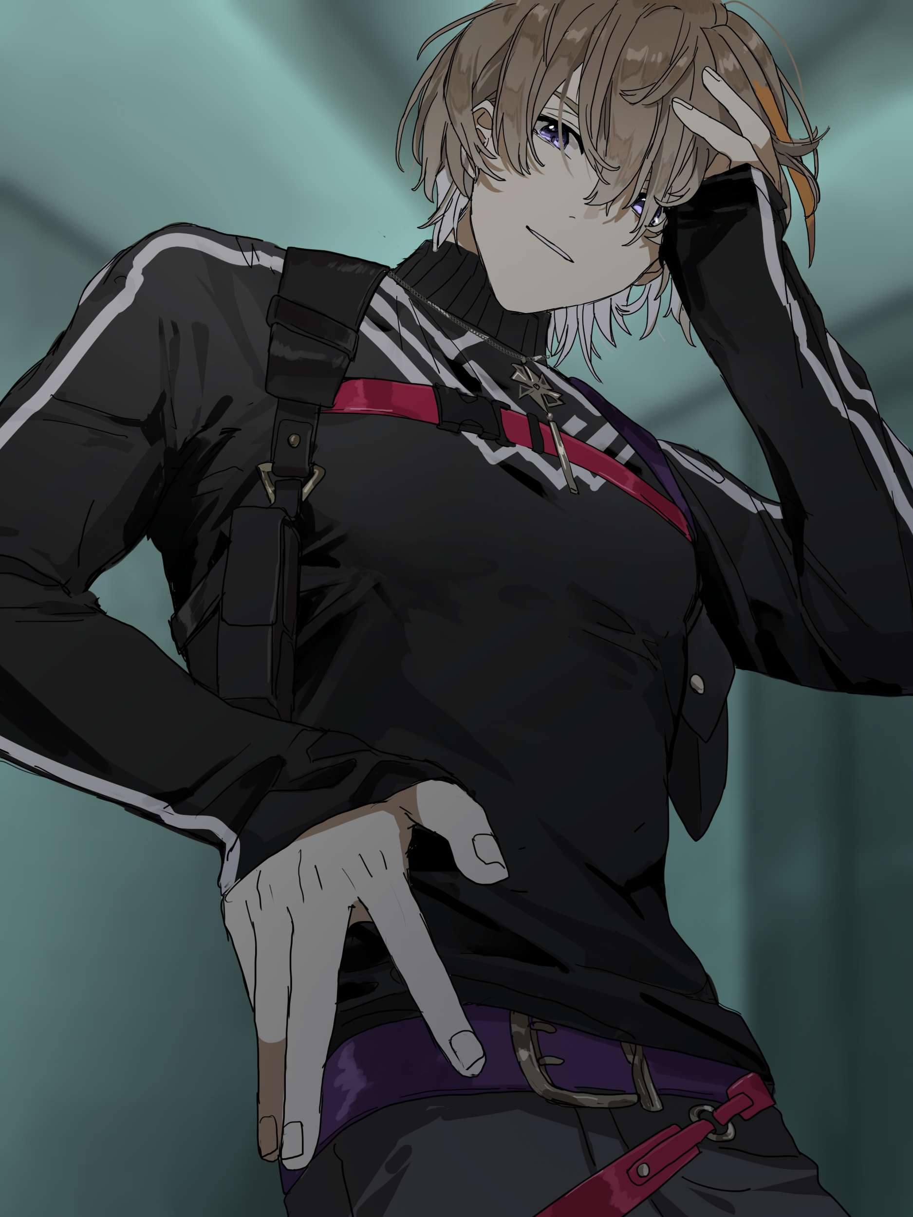 matsuhago, fura kanato, fura kanato (1st costume), nijisanji, absurdres, highres, 1boy, belt, black jacket, blurry, blurry background, brown hair, chest harness, cowboy shot, from below, hand in own hair, harness, indoors, jacket, jewelry, looking at viewer, male focus, necklace, pants, purple eyes, short sleeves, sleeves past wrists, smile, solo, track jacket, virtual youtuber
