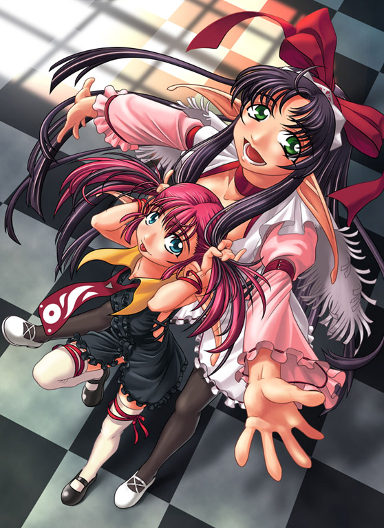 man (trance), 2girls, :p, dress, legs, multiple girls, open mouth, pointy ears, tongue, tongue out