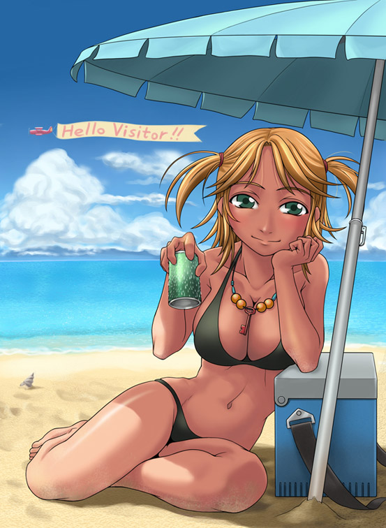 man (trance), original, 1girl, aircraft, airplane, barefoot, beach, beach umbrella, bikini, black bikini, blonde hair, breasts, can, cleavage, cloud, cooler, day, drink, drink can, english text, female focus, green eyes, head rest, jewelry, key, large breasts, navel, necklace, ocean, outdoors, sand, sitting, sky, smile, soda can, solo, swimsuit, twintails, two side up, umbrella, water, welcome, yokozuwari